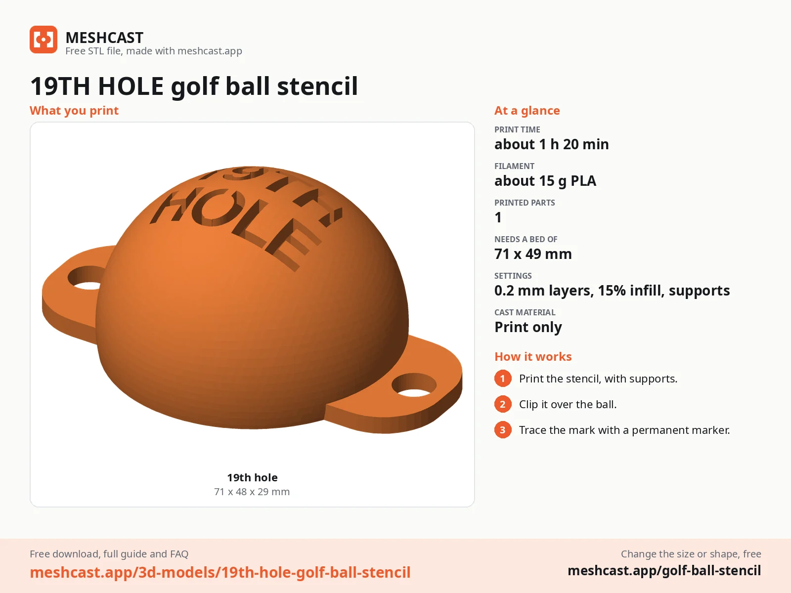 19TH HOLE golf ball stencil at a glance: every printed part with its size, print time, filament, print settings and the three steps to use it