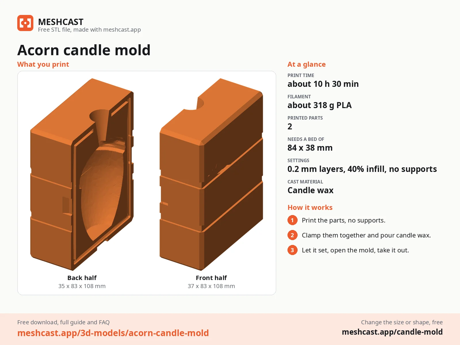Acorn candle mold at a glance: every printed part with its size, print time, filament, print settings and the three steps to use it