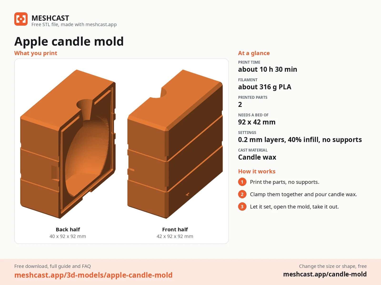 Apple candle mold at a glance: every printed part with its size, print time, filament, print settings and the three steps to use it