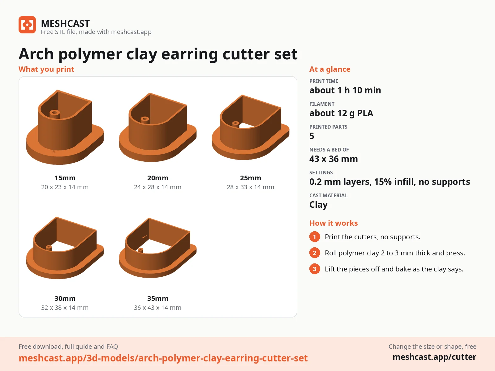 Arch polymer clay earring cutter set at a glance: every printed part with its size, print time, filament, print settings and the three steps to use it