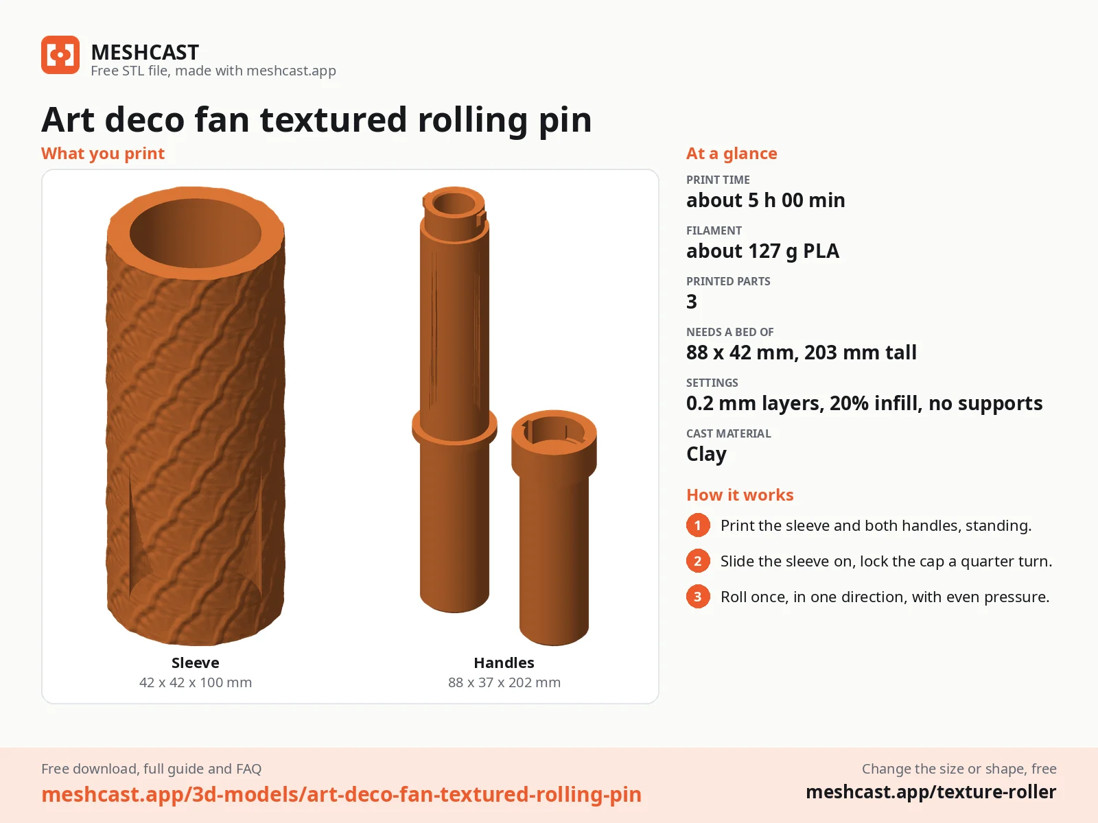 Art deco fan textured rolling pin at a glance: every printed part with its size, print time, filament, print settings and the three steps to use it