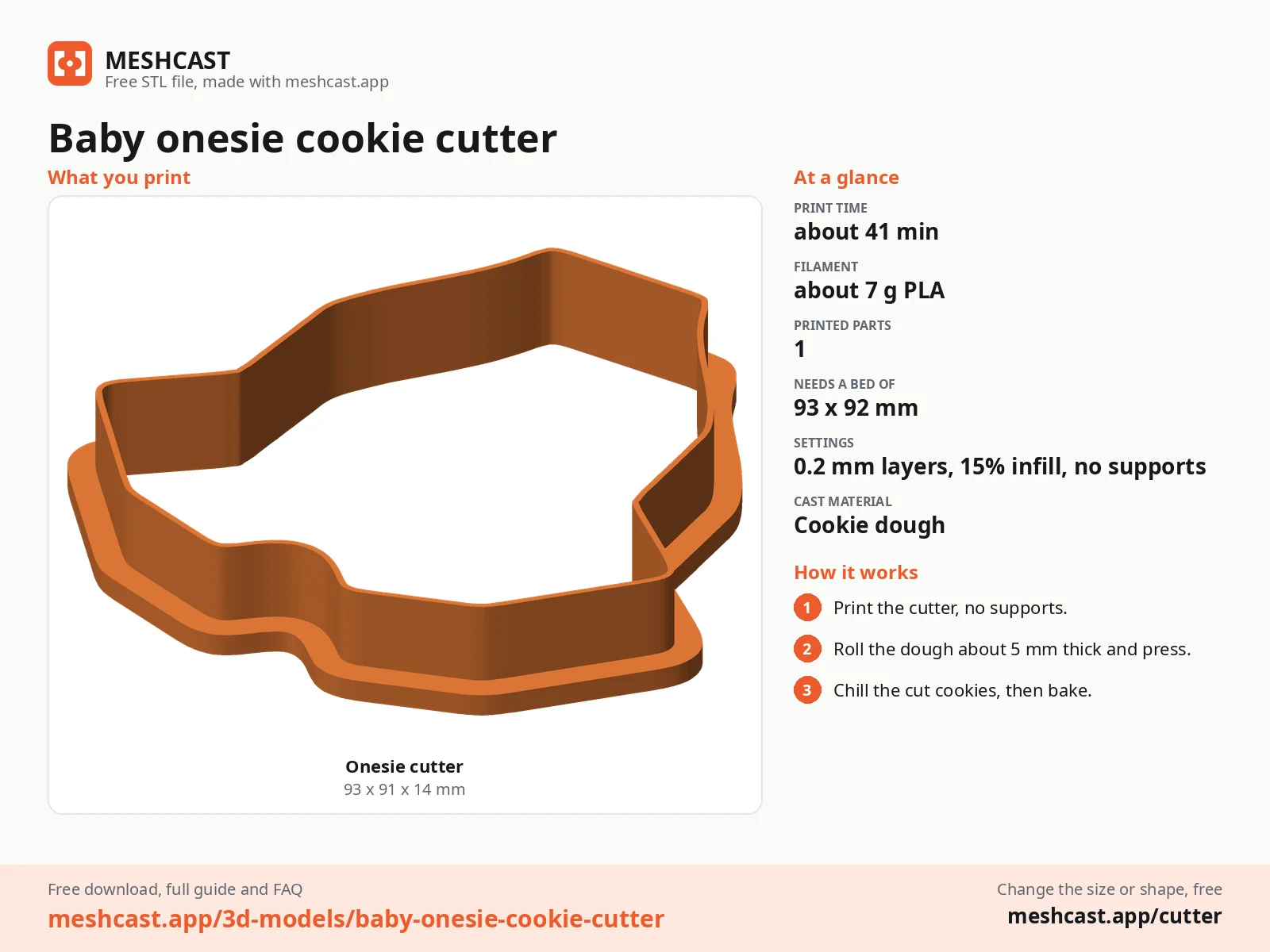 Baby onesie cookie cutter at a glance: every printed part with its size, print time, filament, print settings and the three steps to use it
