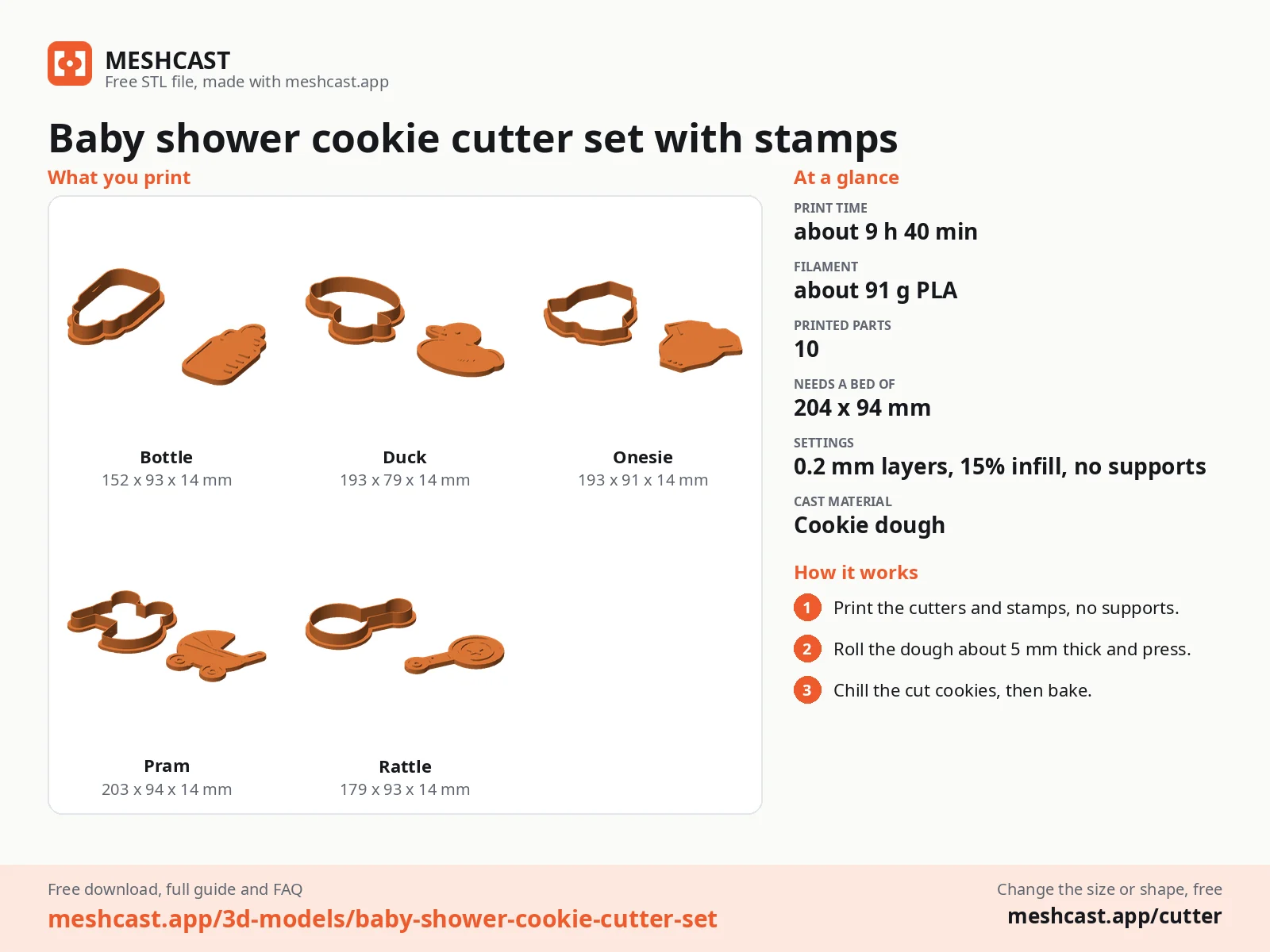 Baby shower cookie cutter set with stamps at a glance: every printed part with its size, print time, filament, print settings and the three steps to use it