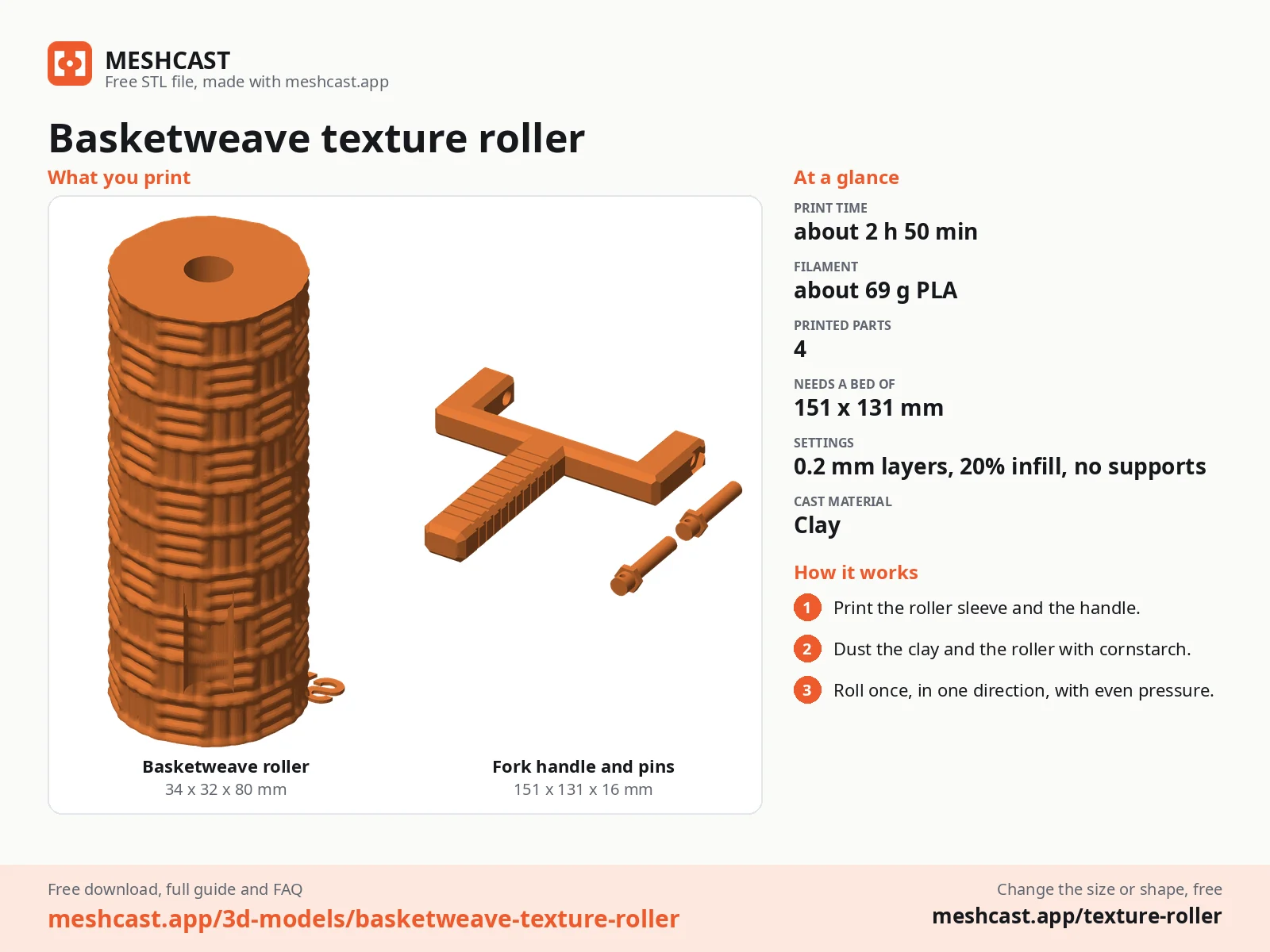 Basketweave texture roller at a glance: every printed part with its size, print time, filament, print settings and the three steps to use it