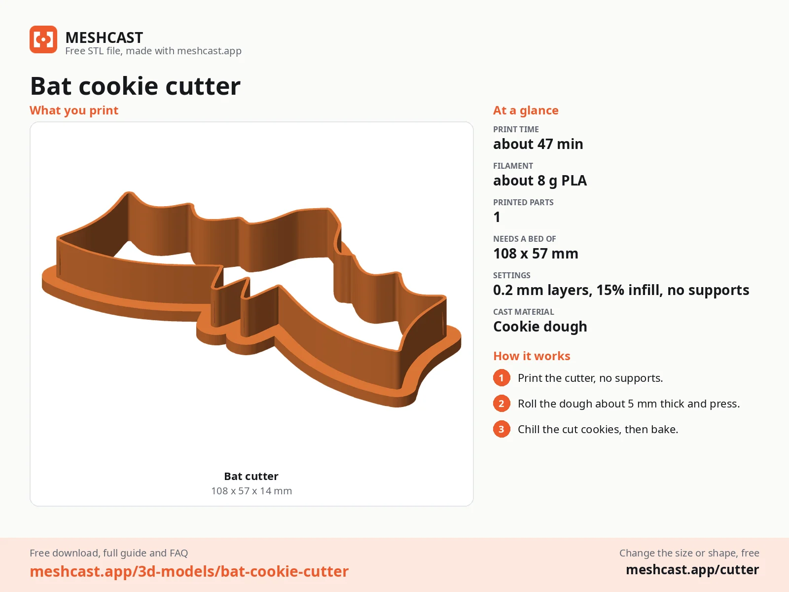 Bat cookie cutter at a glance: every printed part with its size, print time, filament, print settings and the three steps to use it