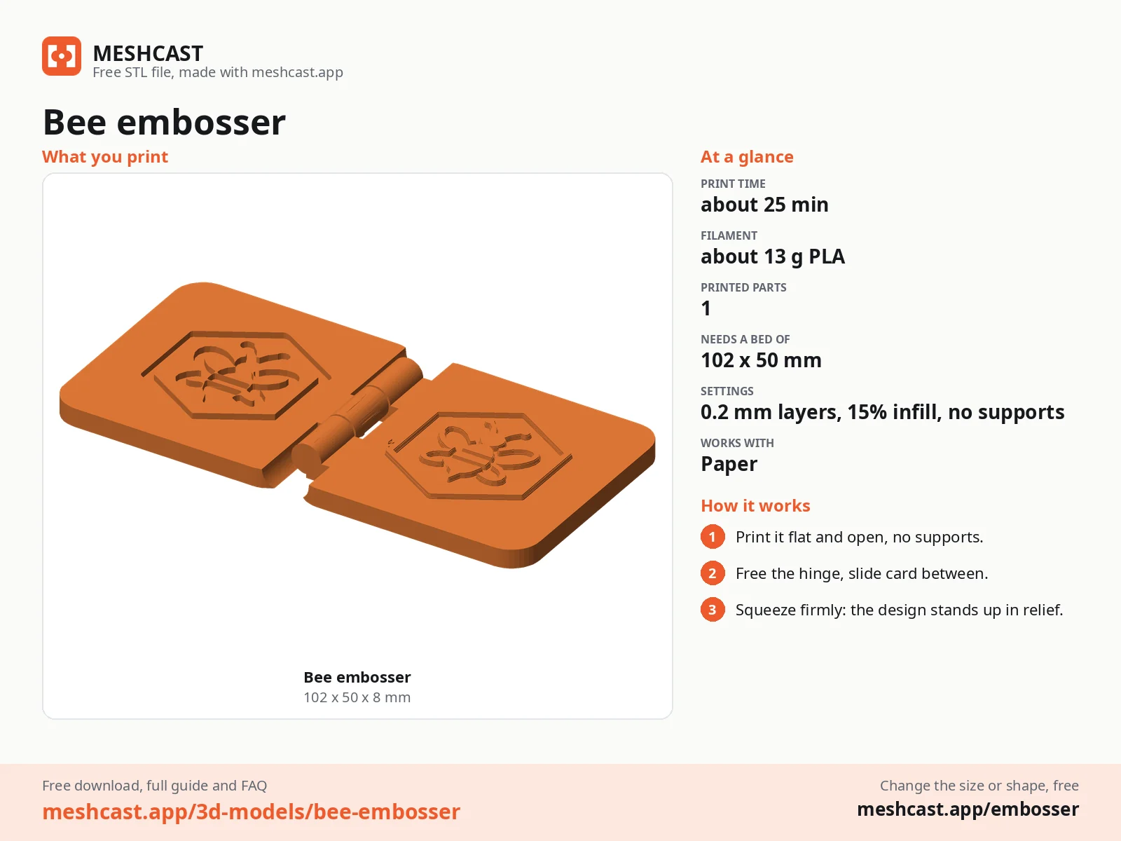Bee embosser at a glance: every printed part with its size, print time, filament, print settings and the three steps to use it