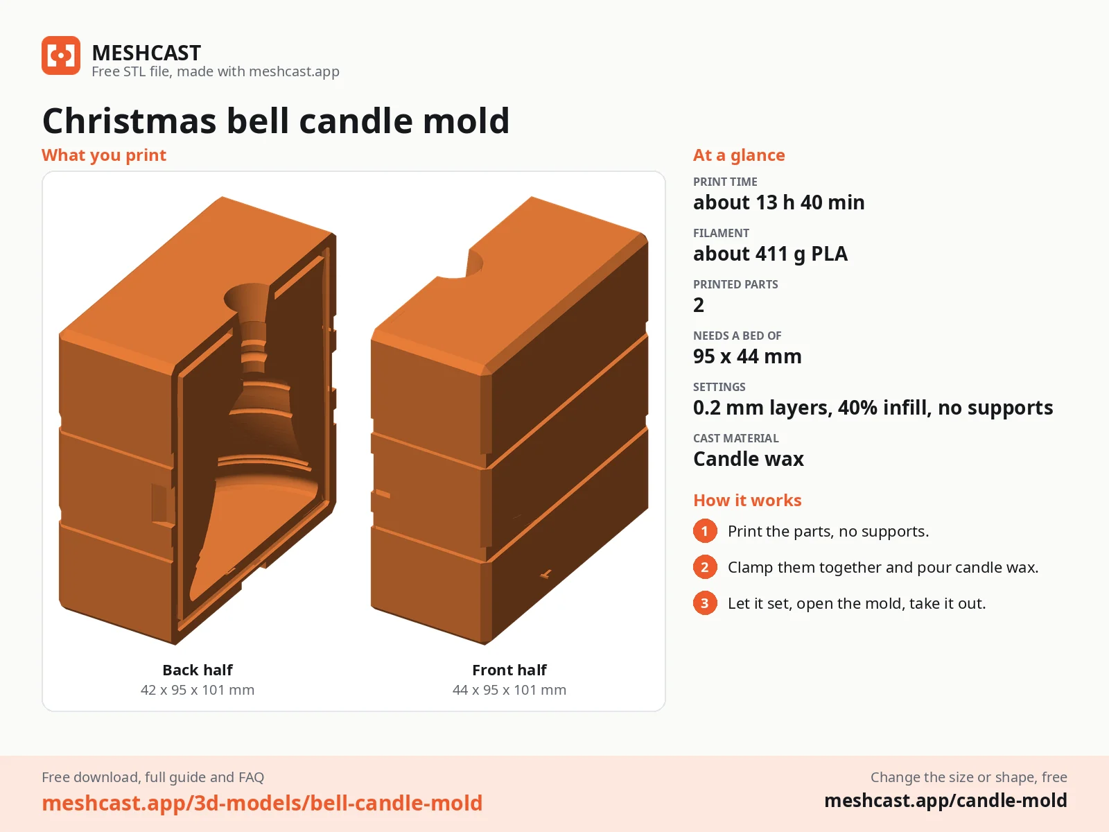 Christmas bell candle mold at a glance: every printed part with its size, print time, filament, print settings and the three steps to use it
