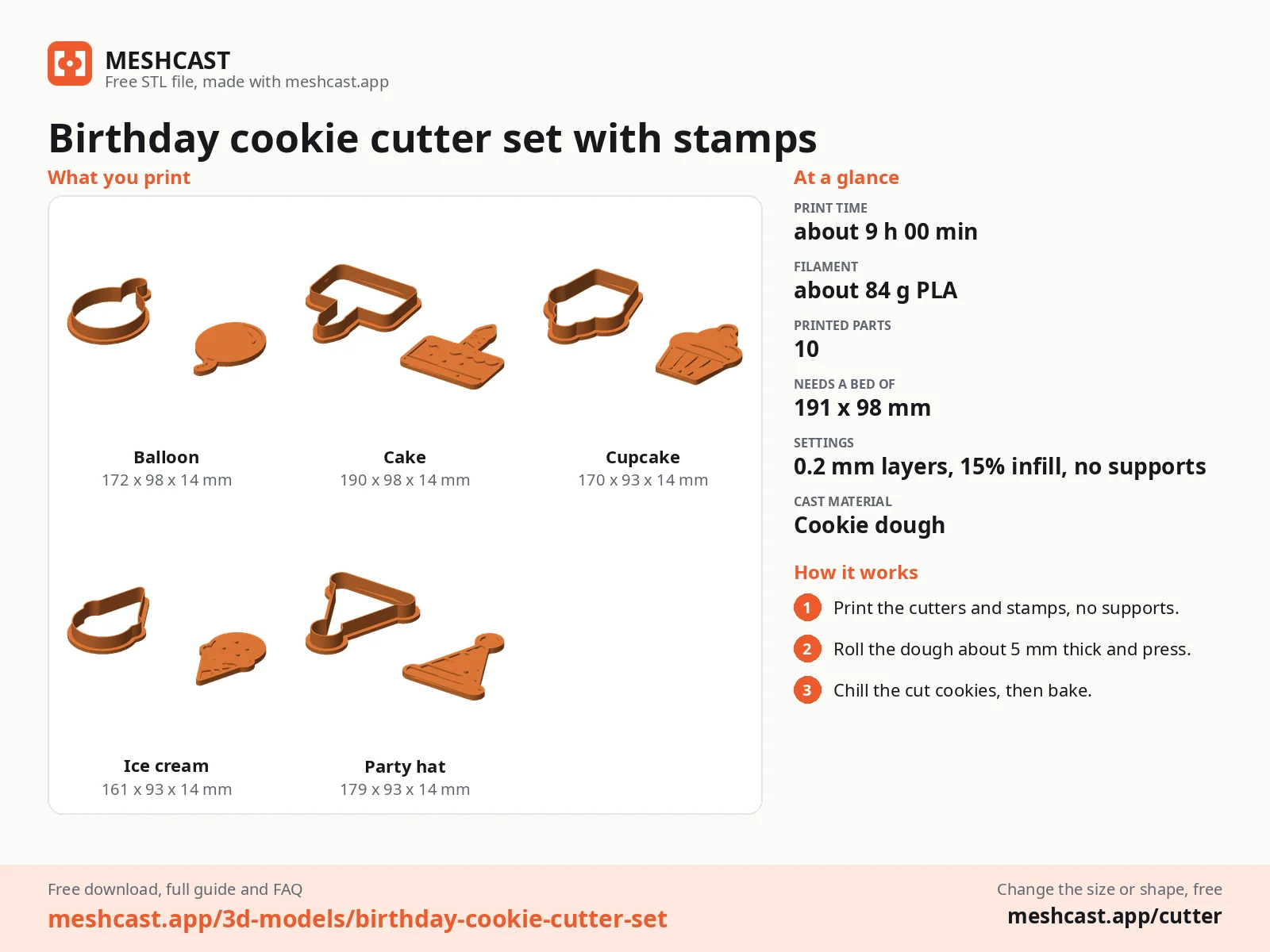 Birthday cookie cutter set with stamps at a glance: every printed part with its size, print time, filament, print settings and the three steps to use it