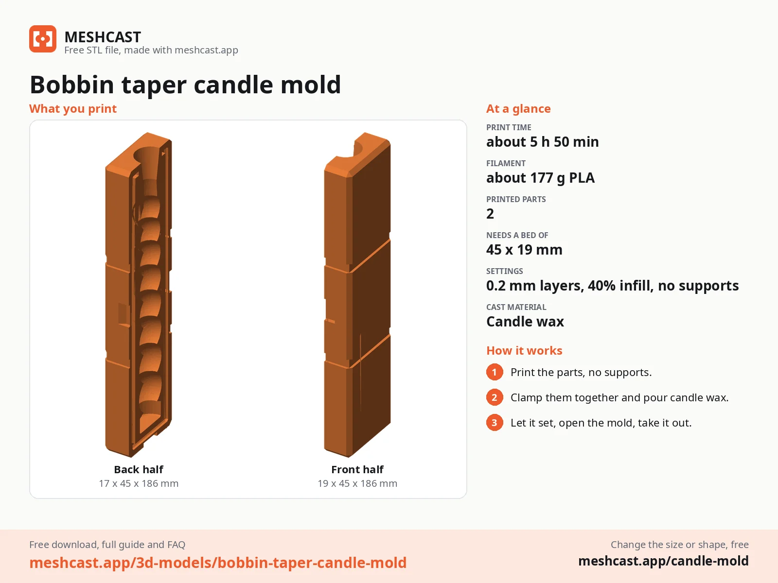Bobbin taper candle mold at a glance: every printed part with its size, print time, filament, print settings and the three steps to use it