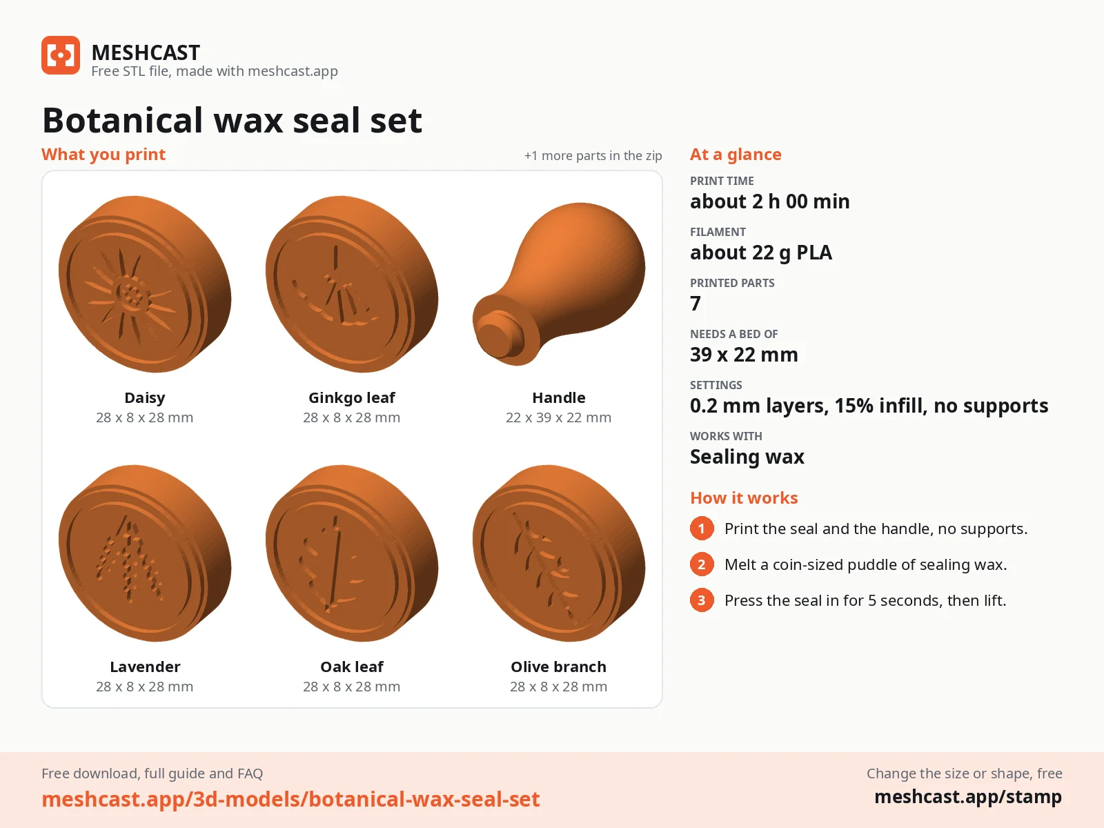 Botanical wax seal set at a glance: every printed part with its size, print time, filament, print settings and the three steps to use it