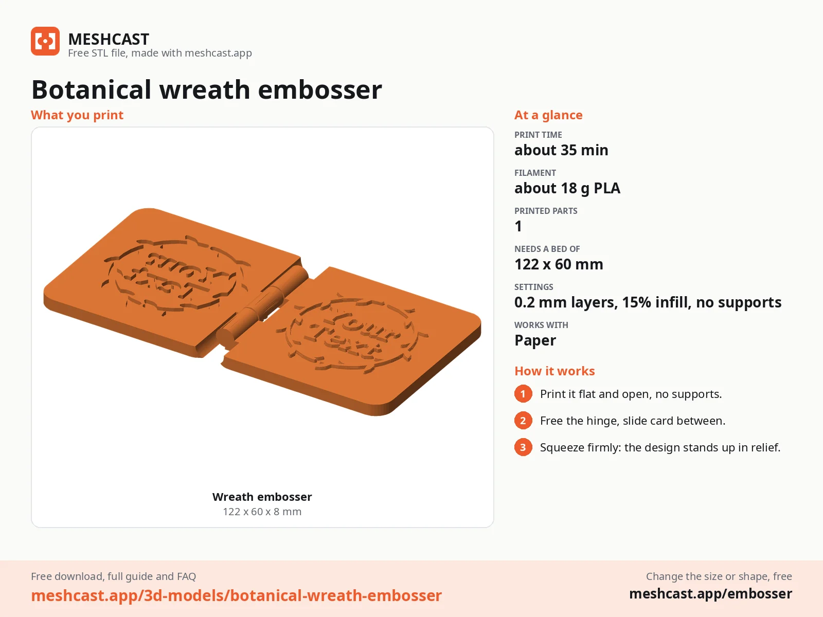 Botanical wreath embosser at a glance: every printed part with its size, print time, filament, print settings and the three steps to use it