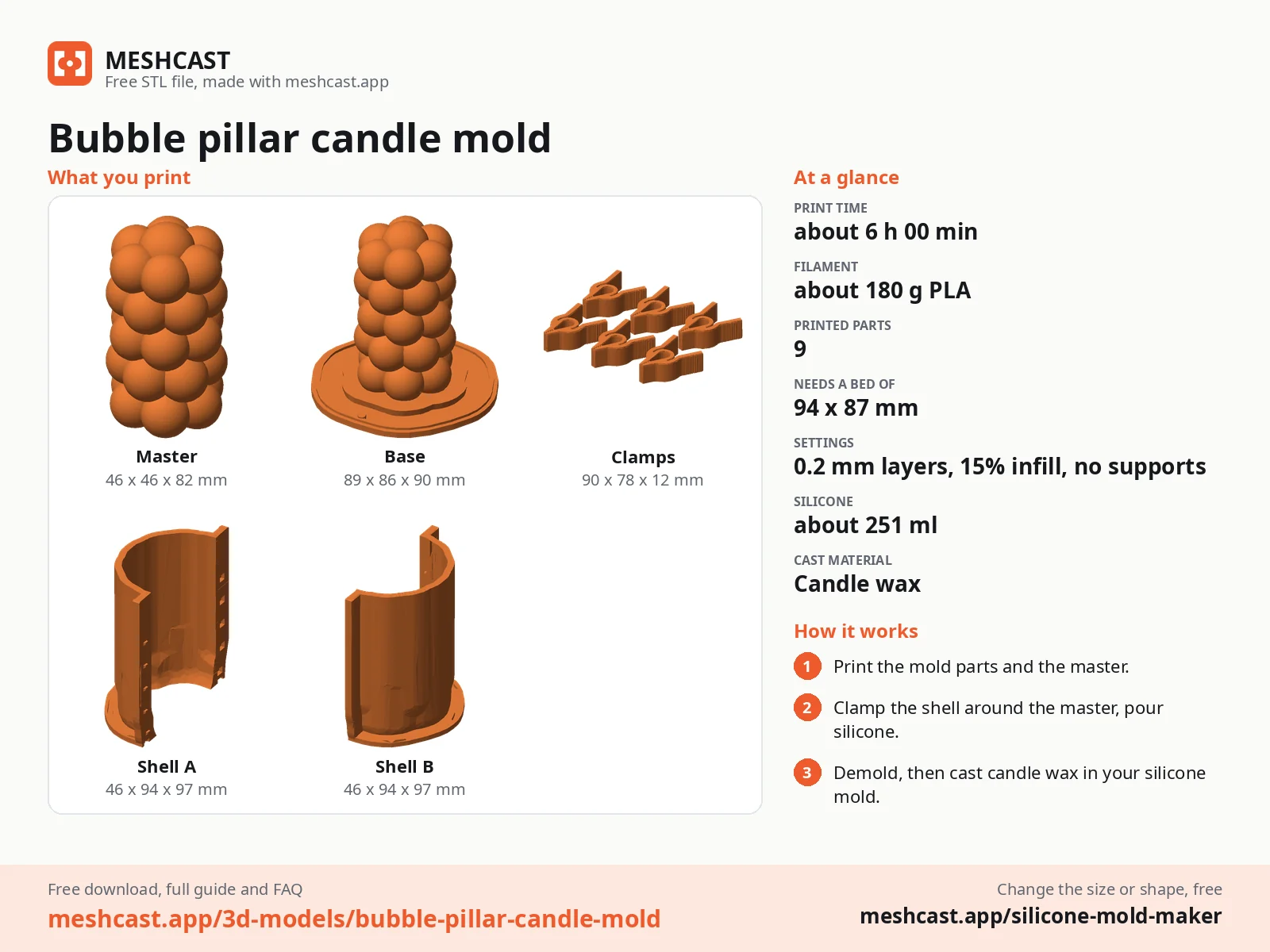 Bubble pillar candle mold at a glance: every printed part with its size, print time, filament, print settings and the three steps to use it