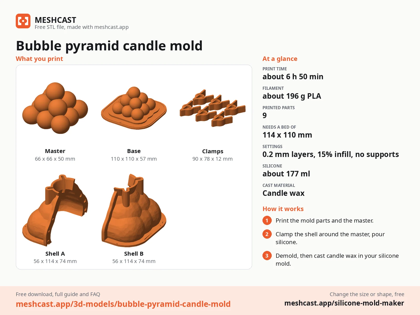 Bubble pyramid candle mold at a glance: every printed part with its size, print time, filament, print settings and the three steps to use it