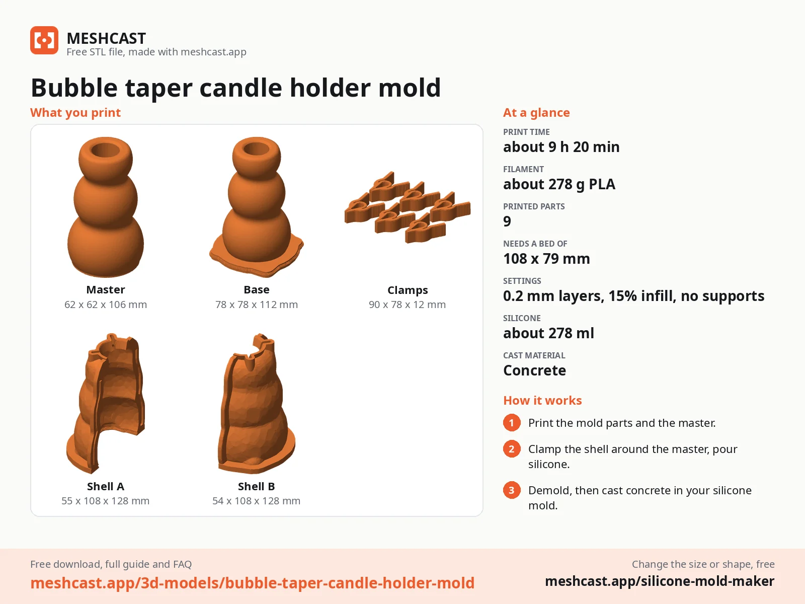 Bubble taper candle holder mold at a glance: every printed part with its size, print time, filament, print settings and the three steps to use it