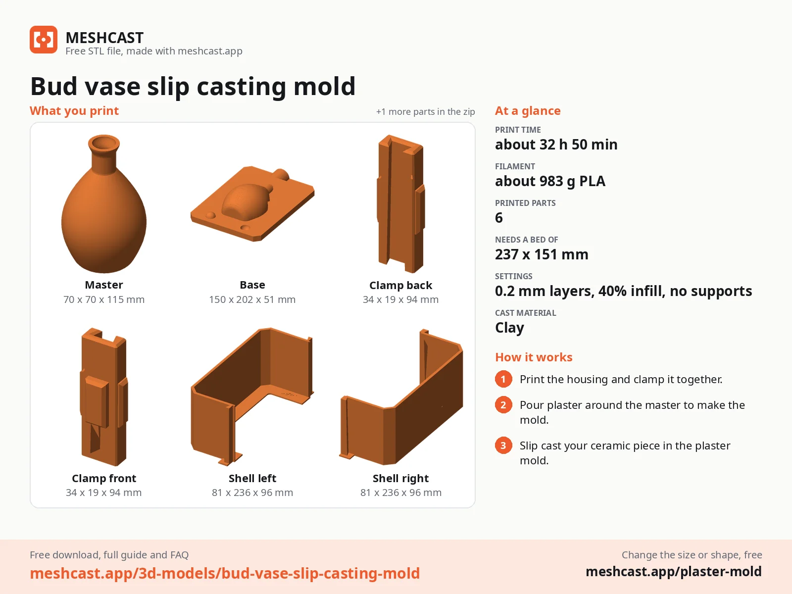 Bud vase slip casting mold at a glance: every printed part with its size, print time, filament, print settings and the three steps to use it