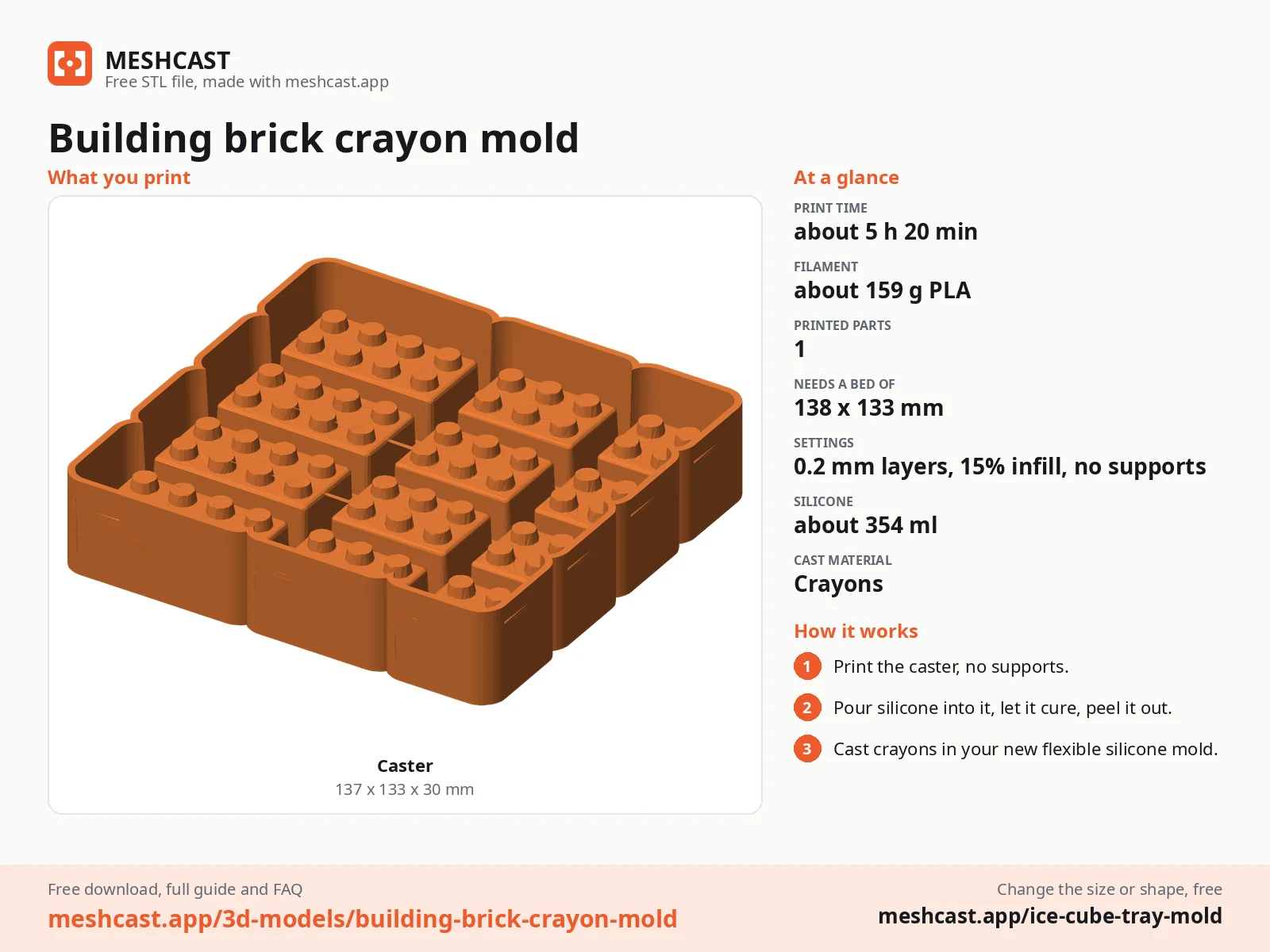 Building brick crayon mold at a glance: every printed part with its size, print time, filament, print settings and the three steps to use it