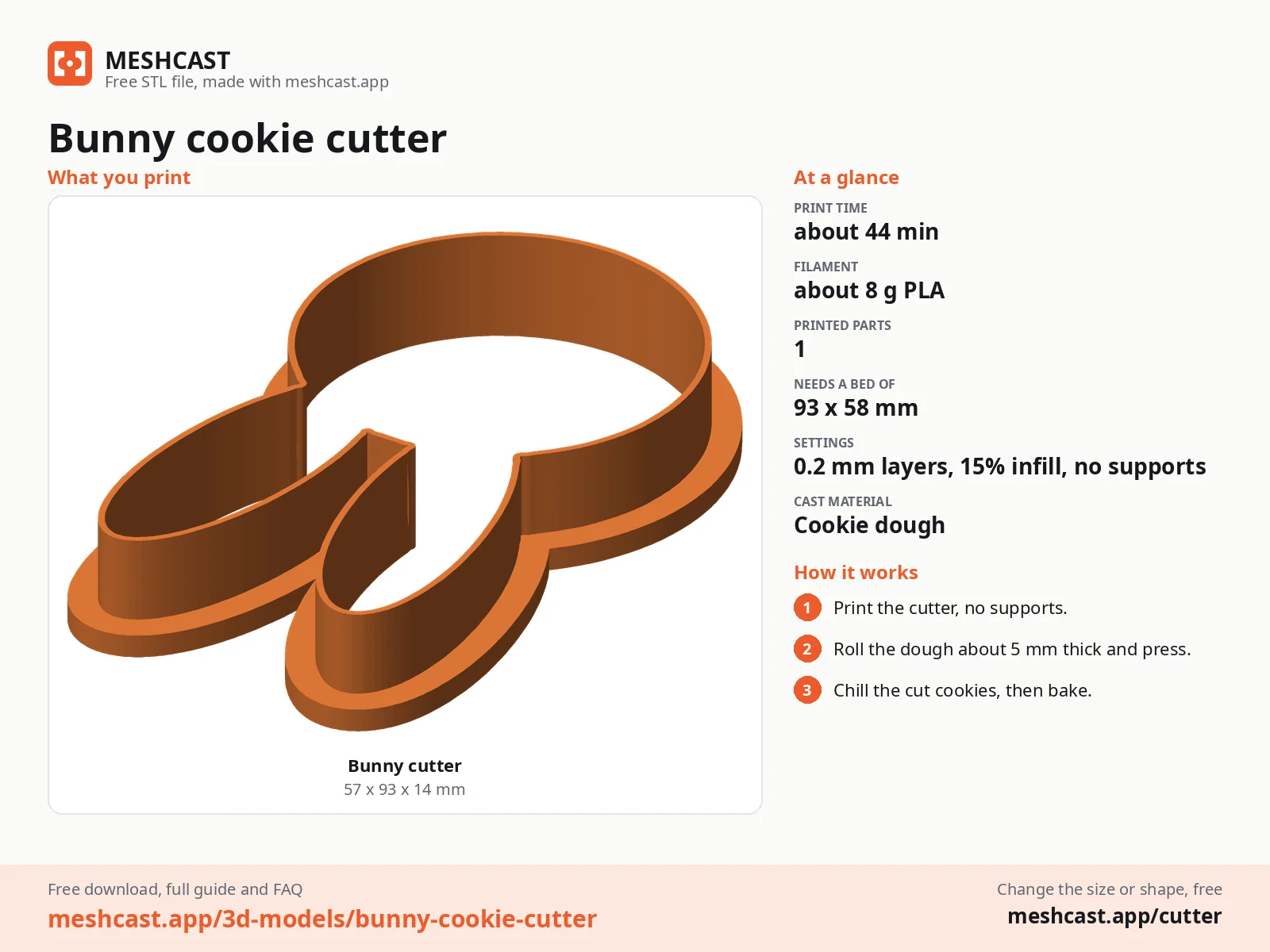 Bunny cookie cutter at a glance: every printed part with its size, print time, filament, print settings and the three steps to use it