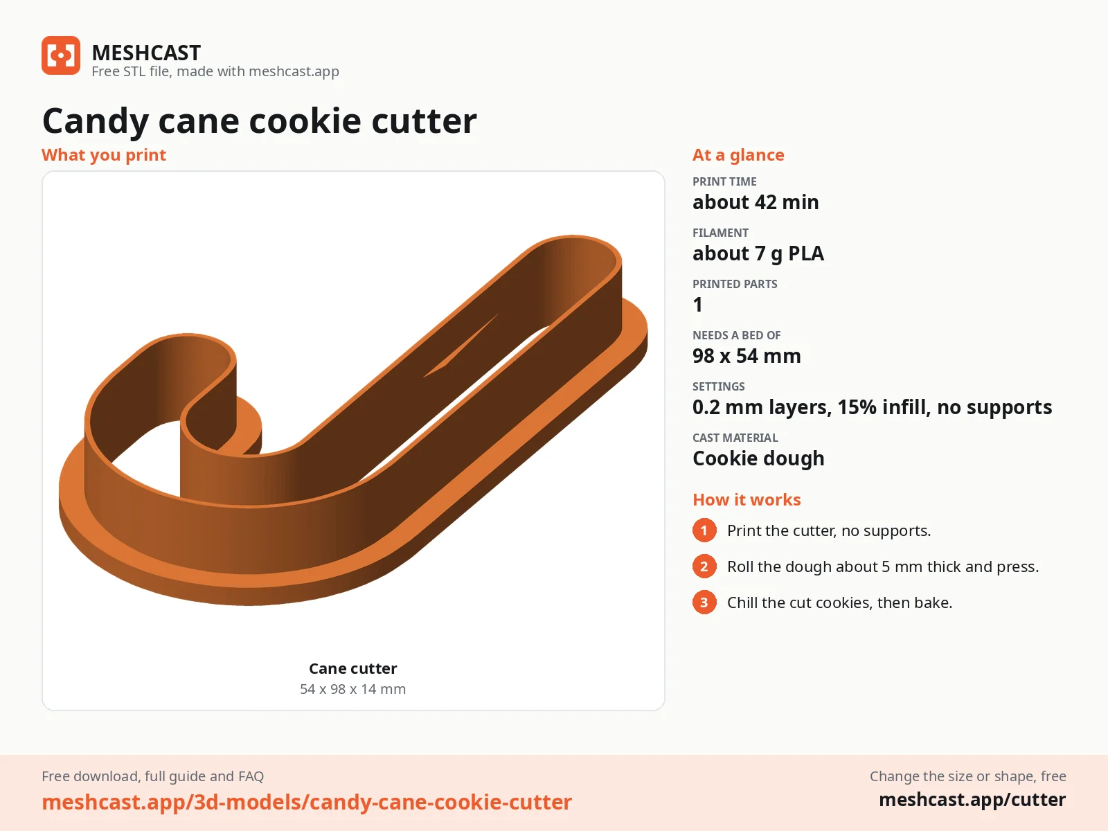 Candy cane cookie cutter at a glance: every printed part with its size, print time, filament, print settings and the three steps to use it