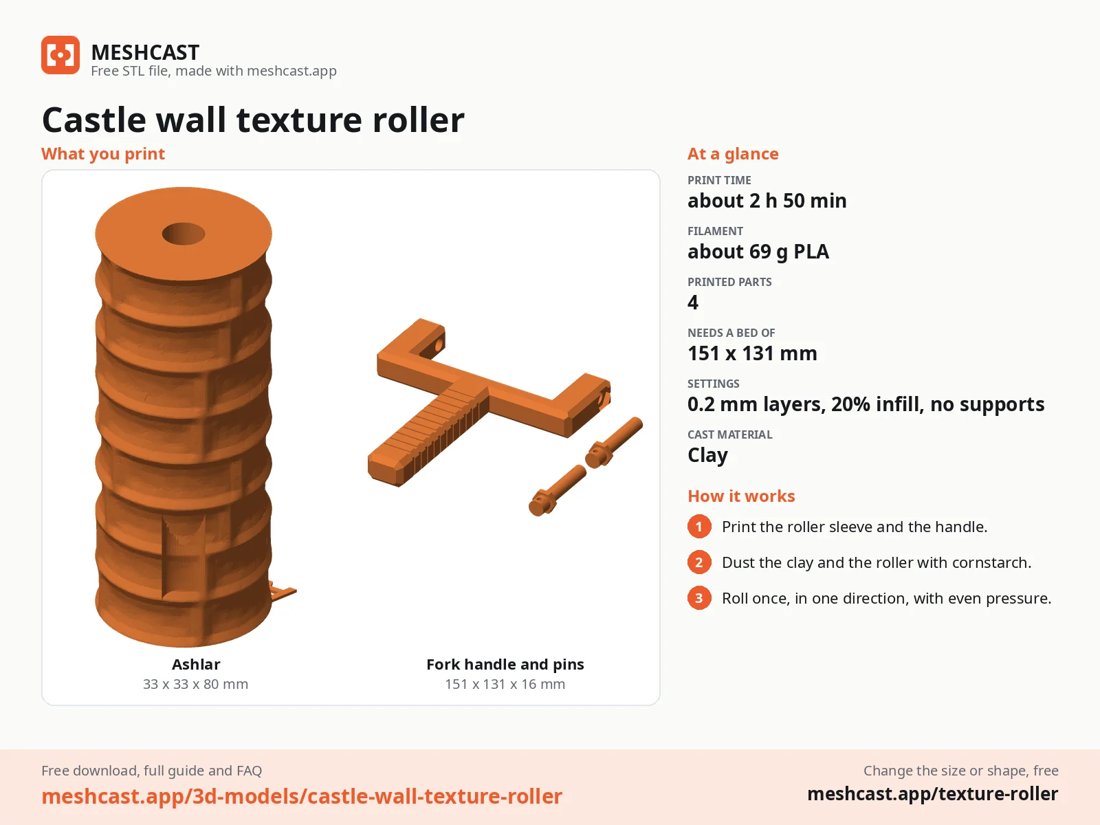 Castle wall texture roller at a glance: every printed part with its size, print time, filament, print settings and the three steps to use it