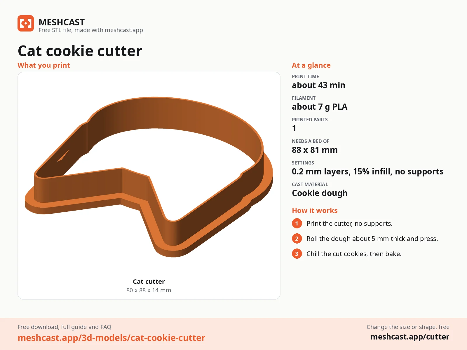 Cat cookie cutter at a glance: every printed part with its size, print time, filament, print settings and the three steps to use it