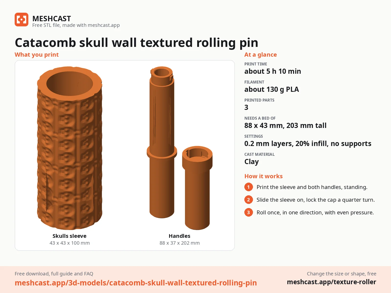 Catacomb skull wall textured rolling pin at a glance: every printed part with its size, print time, filament, print settings and the three steps to use it