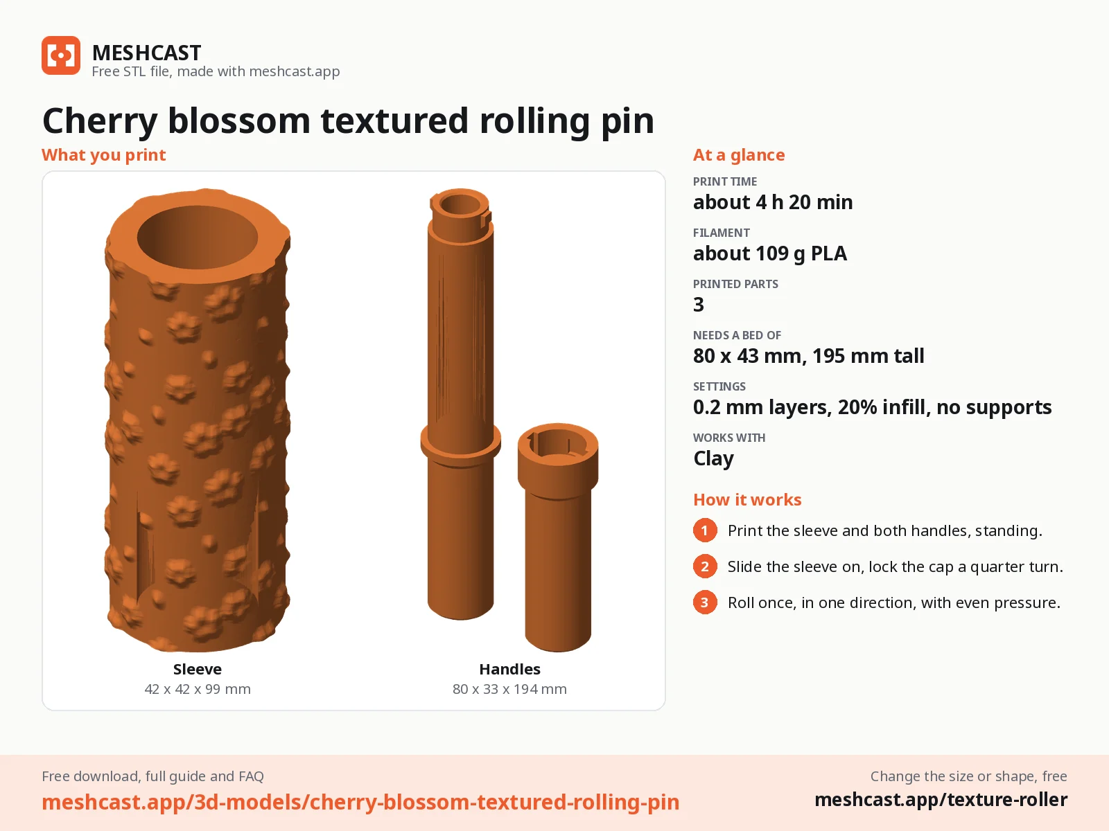 Cherry blossom textured rolling pin at a glance: every printed part with its size, print time, filament, print settings and the three steps to use it