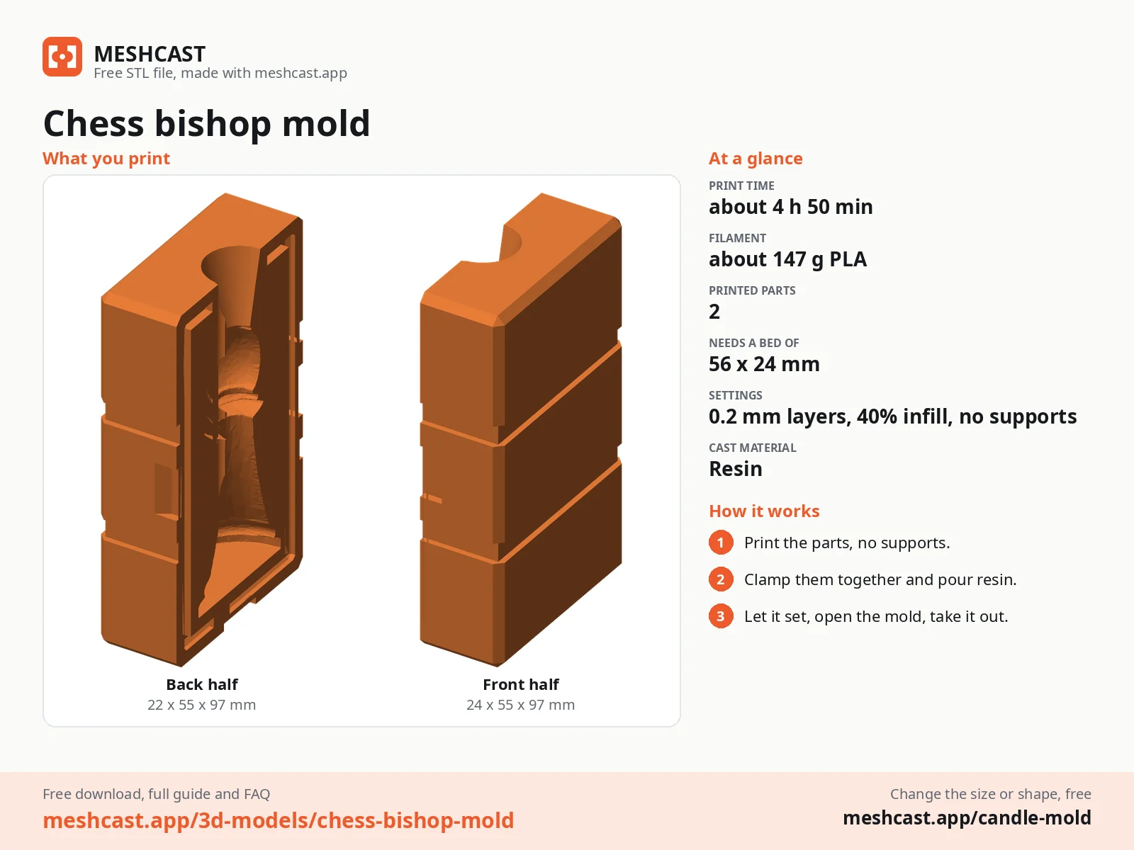 Chess bishop mold at a glance: every printed part with its size, print time, filament, print settings and the three steps to use it