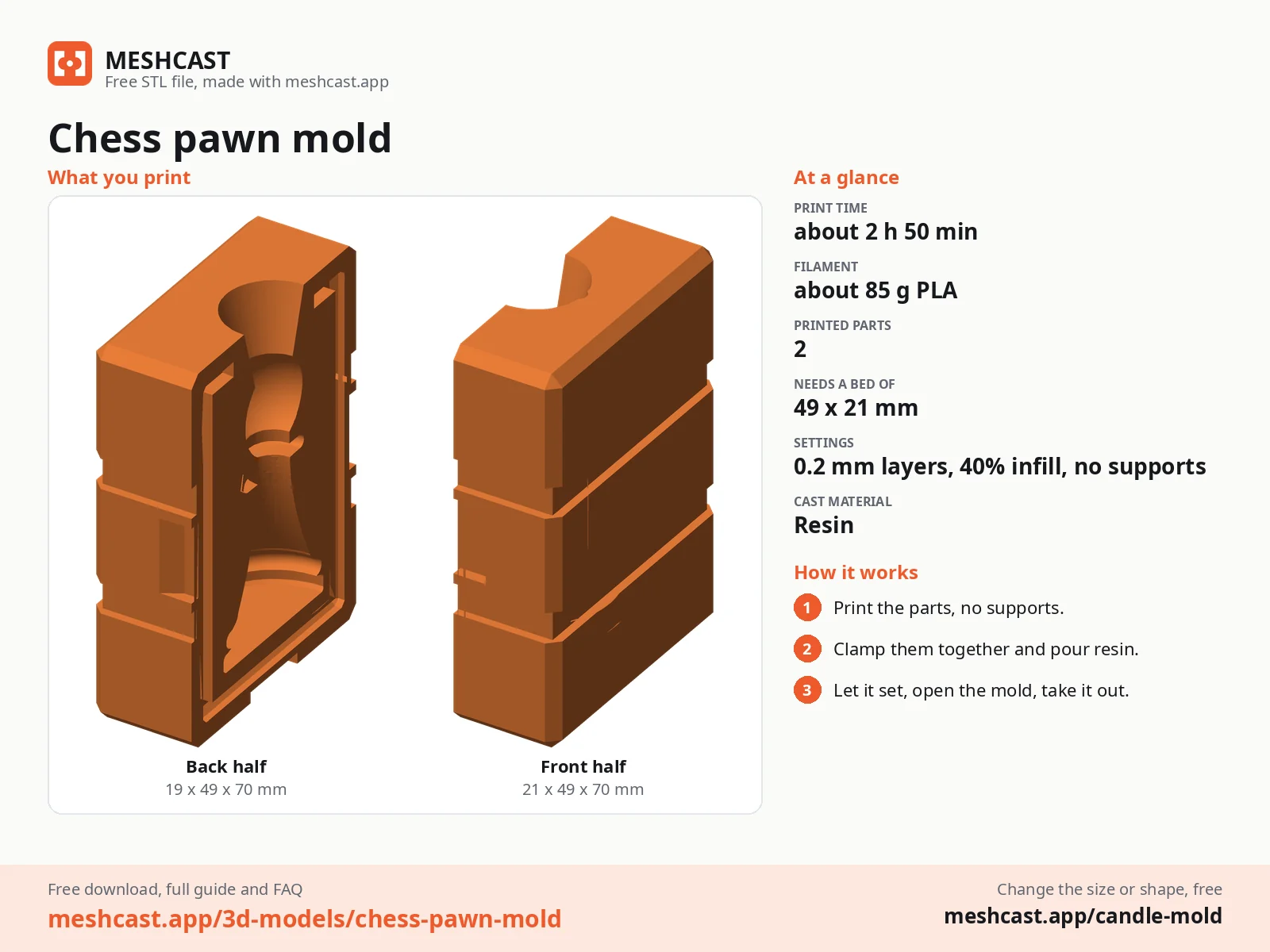 Chess pawn mold at a glance: every printed part with its size, print time, filament, print settings and the three steps to use it