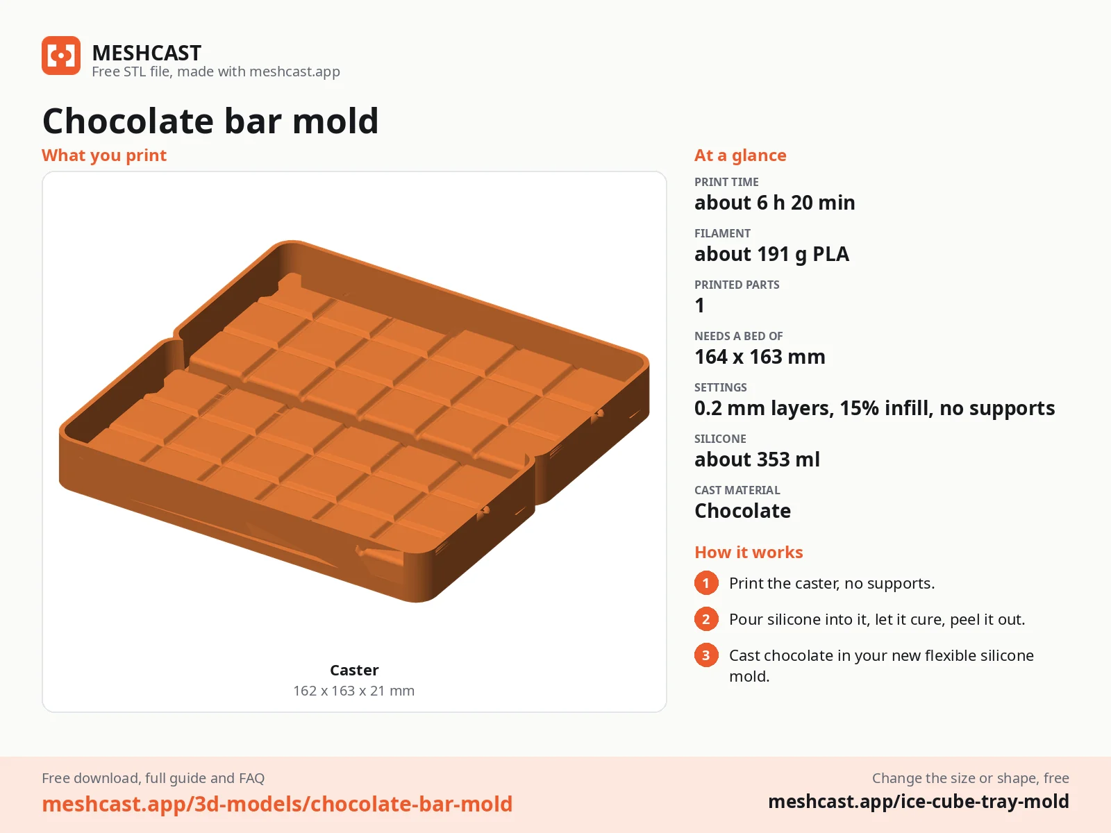 Chocolate bar mold at a glance: every printed part with its size, print time, filament, print settings and the three steps to use it