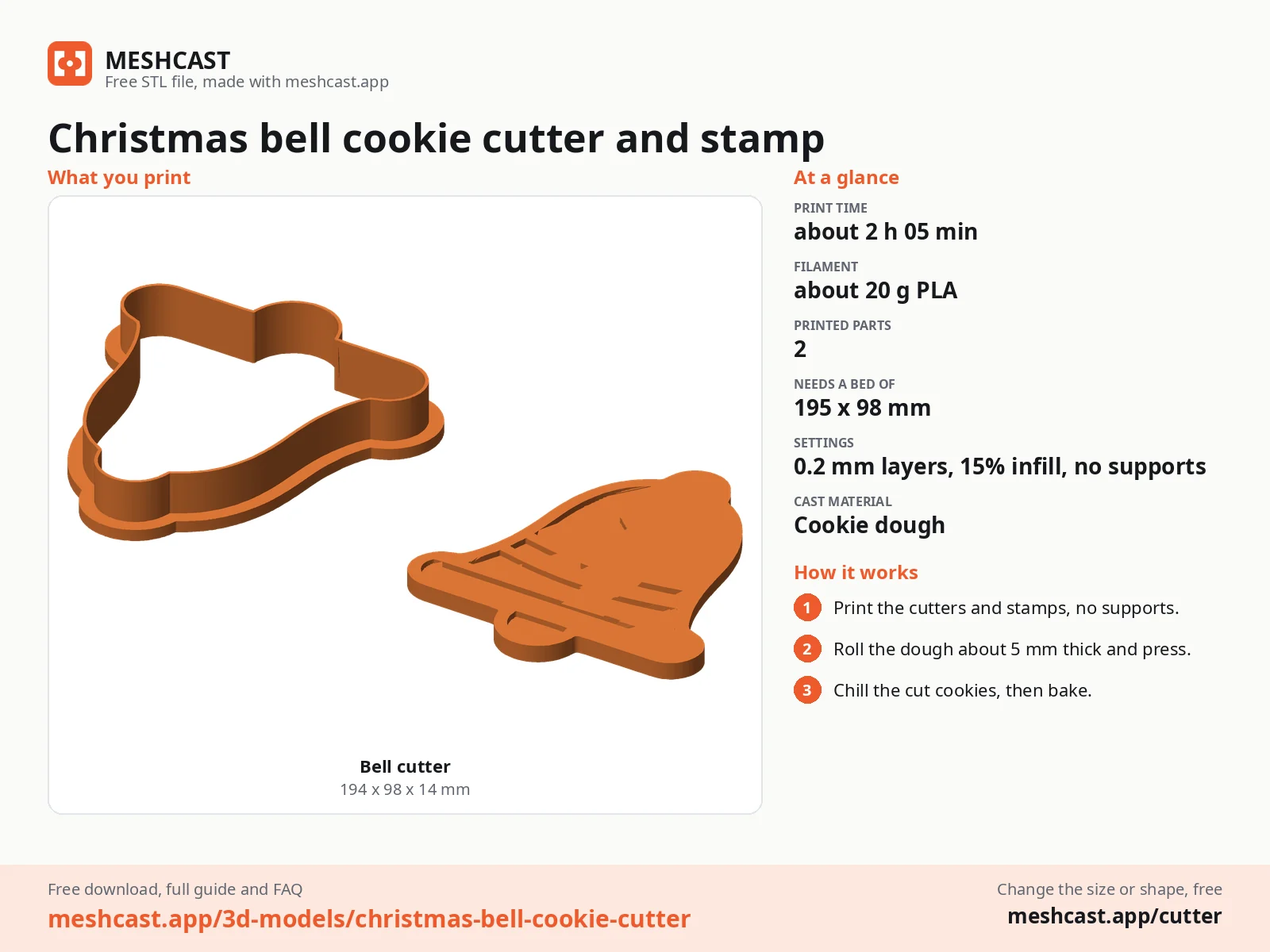 Christmas bell cookie cutter and stamp at a glance: every printed part with its size, print time, filament, print settings and the three steps to use it