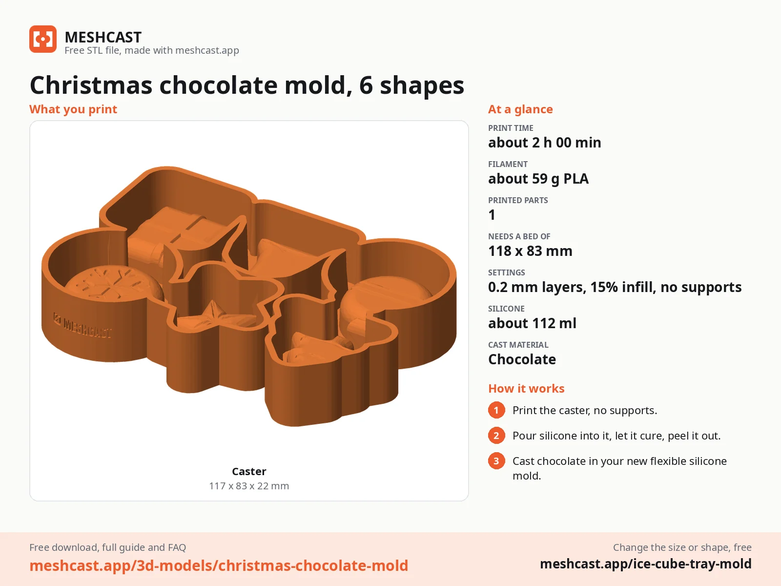Christmas chocolate mold, 6 shapes at a glance: every printed part with its size, print time, filament, print settings and the three steps to use it