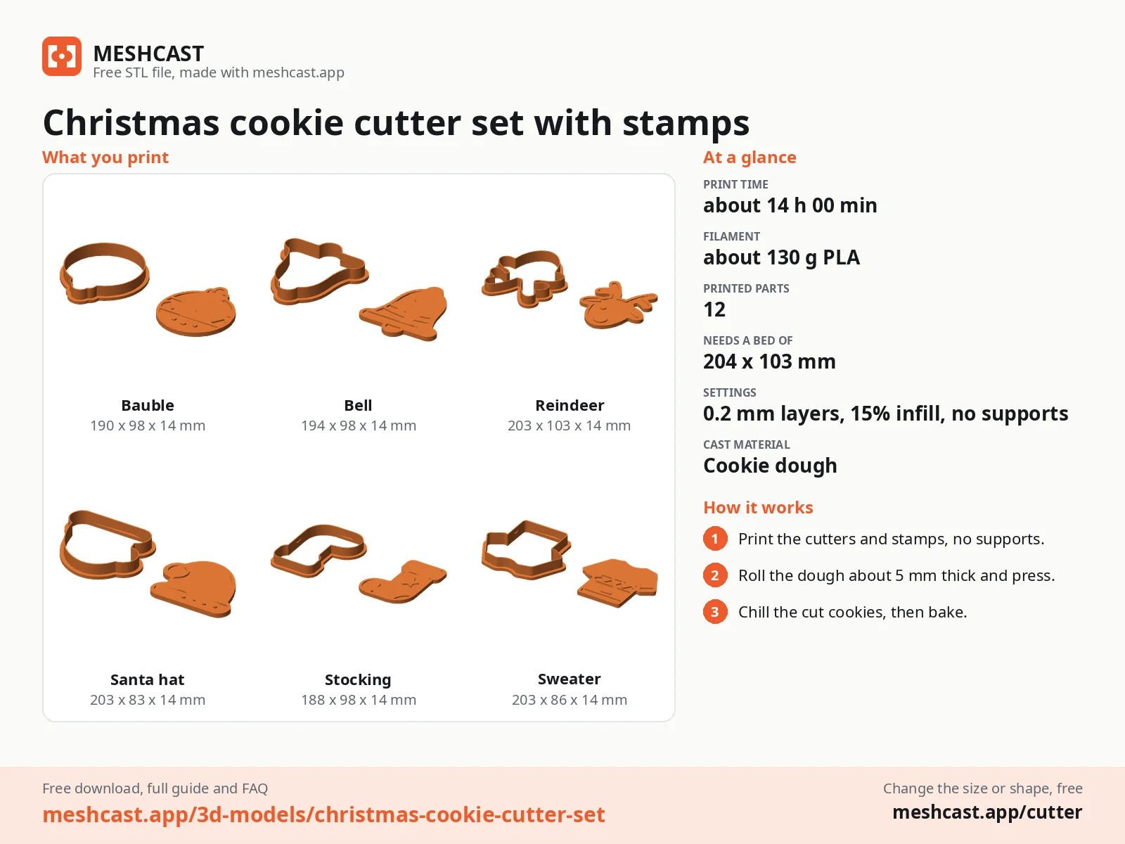 Christmas cookie cutter set with stamps at a glance: every printed part with its size, print time, filament, print settings and the three steps to use it