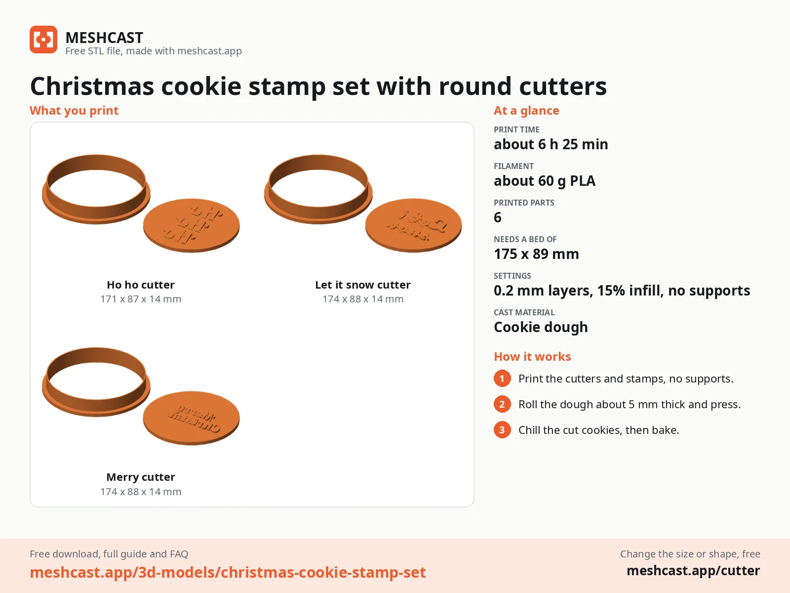 Christmas cookie stamp set with round cutters at a glance: every printed part with its size, print time, filament, print settings and the three steps to use it