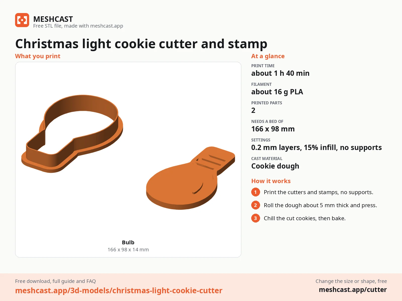 Christmas light cookie cutter and stamp at a glance: every printed part with its size, print time, filament, print settings and the three steps to use it
