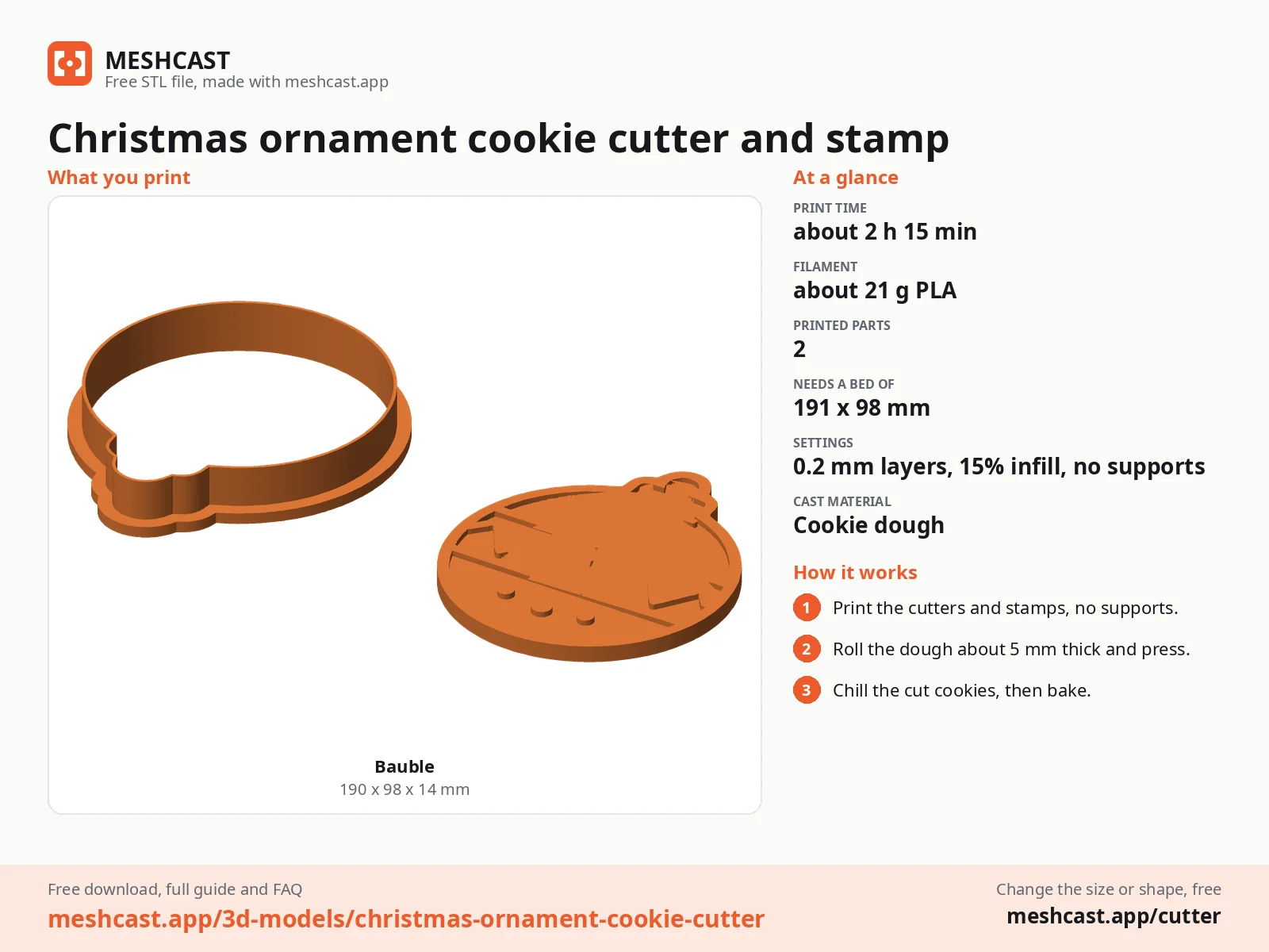 Christmas ornament cookie cutter and stamp at a glance: every printed part with its size, print time, filament, print settings and the three steps to use it