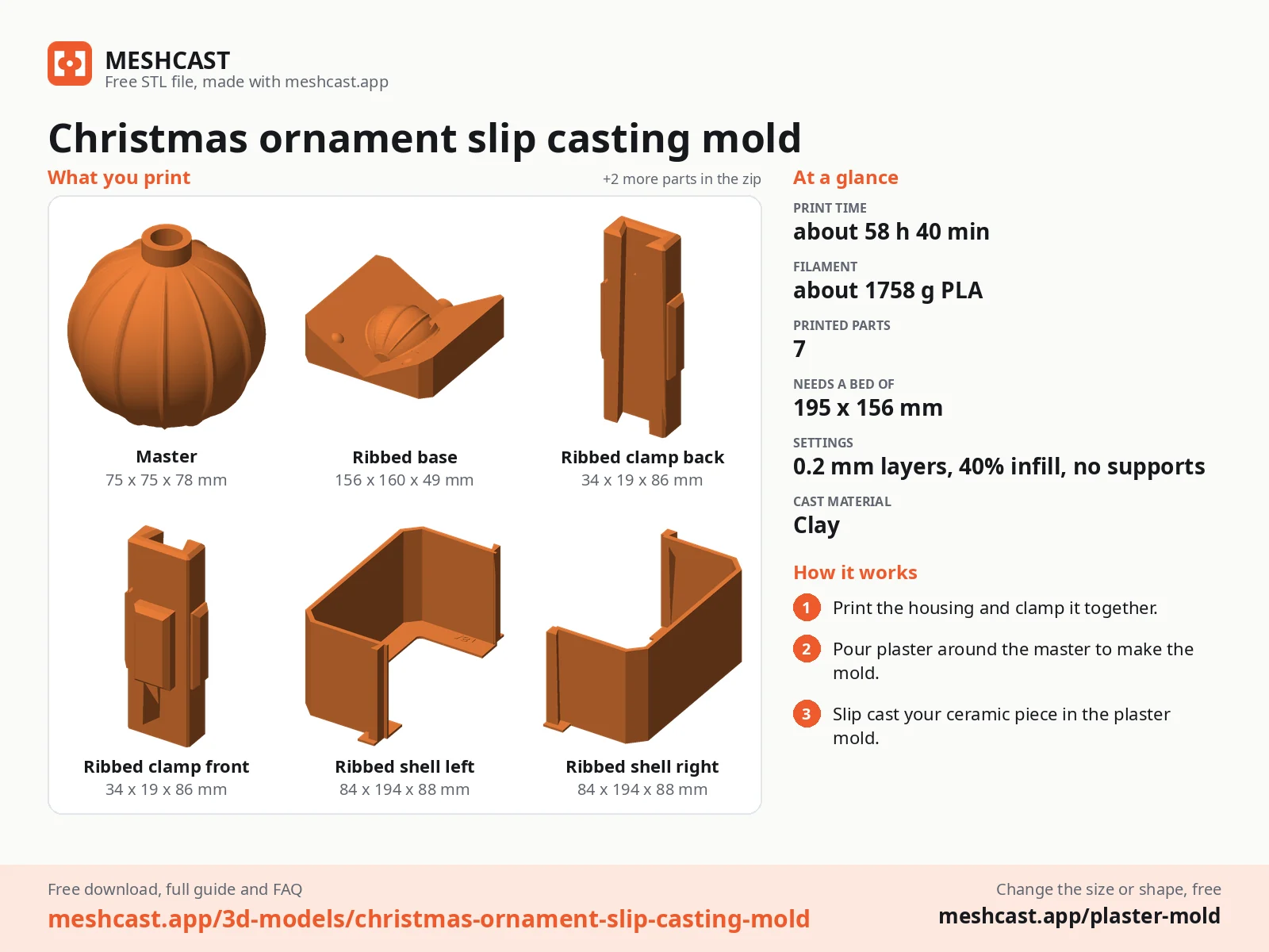 Christmas ornament slip casting mold at a glance: every printed part with its size, print time, filament, print settings and the three steps to use it