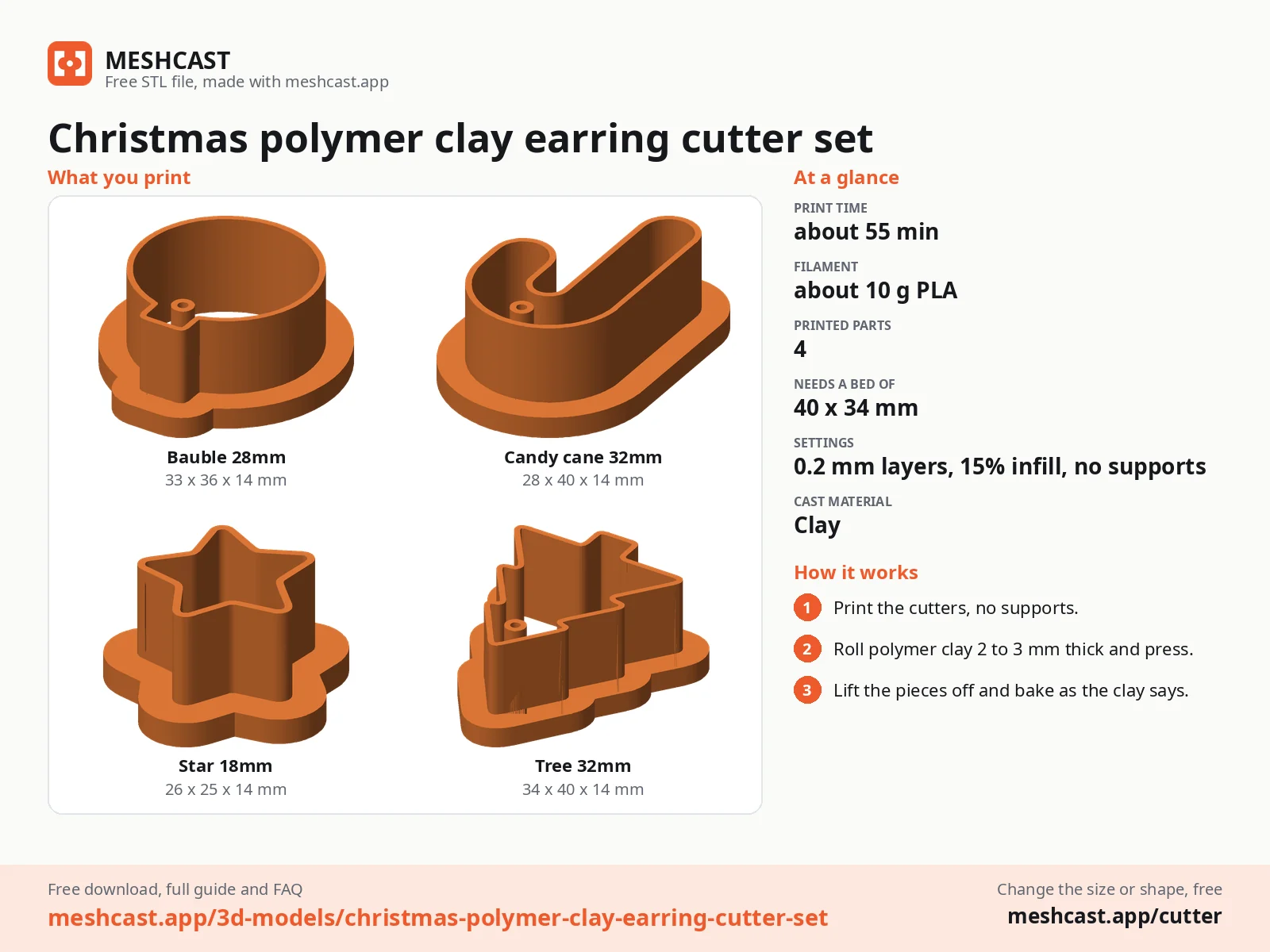 Christmas polymer clay earring cutter set at a glance: every printed part with its size, print time, filament, print settings and the three steps to use it