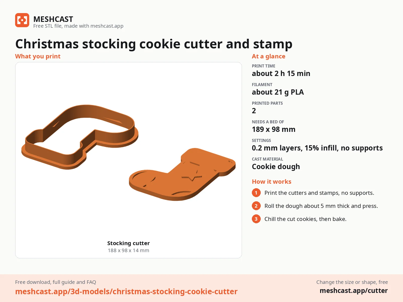 Christmas stocking cookie cutter and stamp at a glance: every printed part with its size, print time, filament, print settings and the three steps to use it