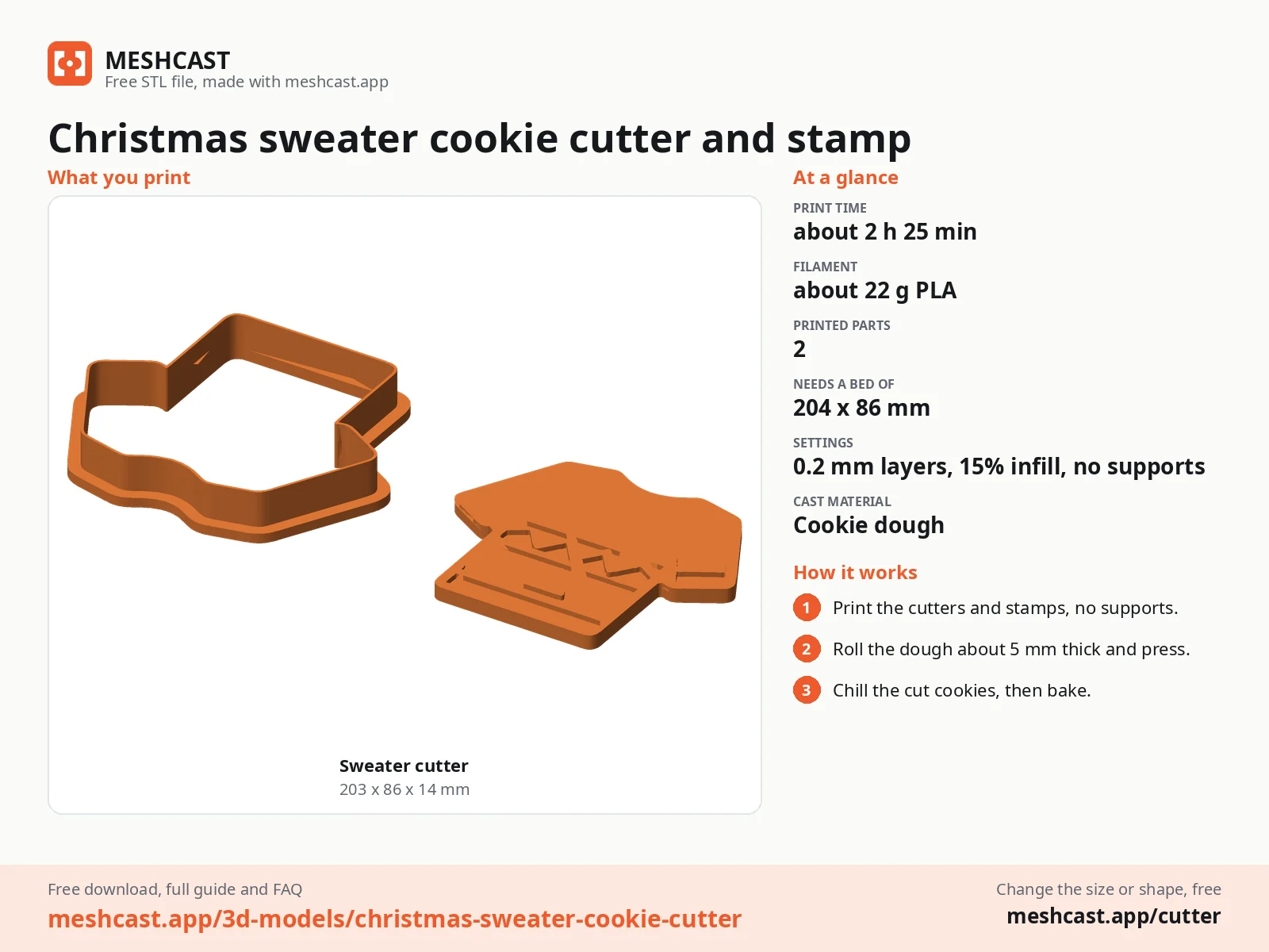 Christmas sweater cookie cutter and stamp at a glance: every printed part with its size, print time, filament, print settings and the three steps to use it