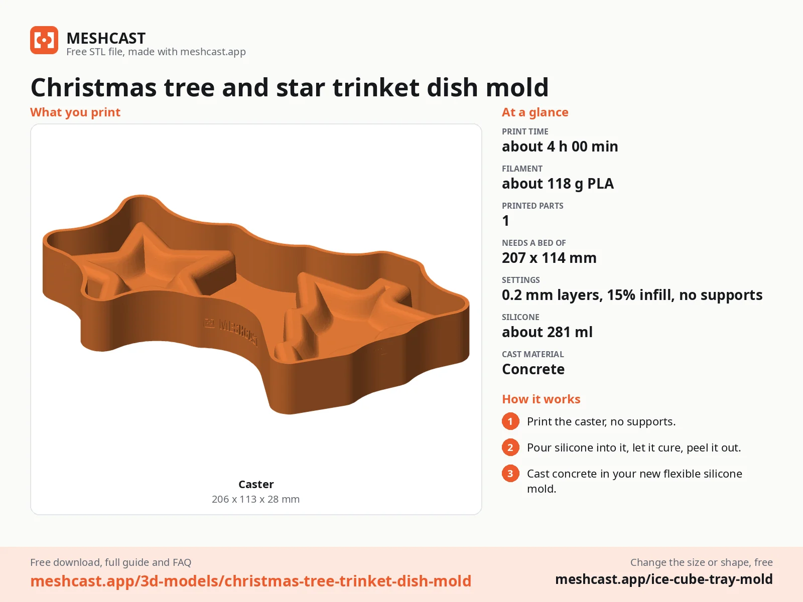 Christmas tree and star trinket dish mold at a glance: every printed part with its size, print time, filament, print settings and the three steps to use it