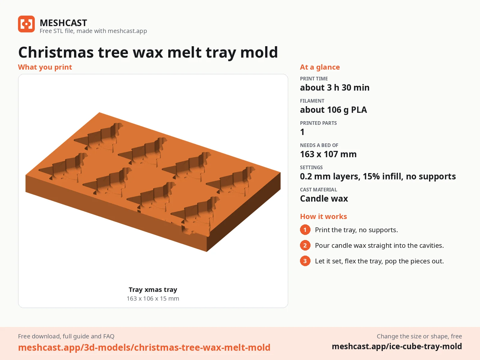 At a glance sheet for Christmas tree wax melt tray mold: every printed part, print time, filament and the three steps
