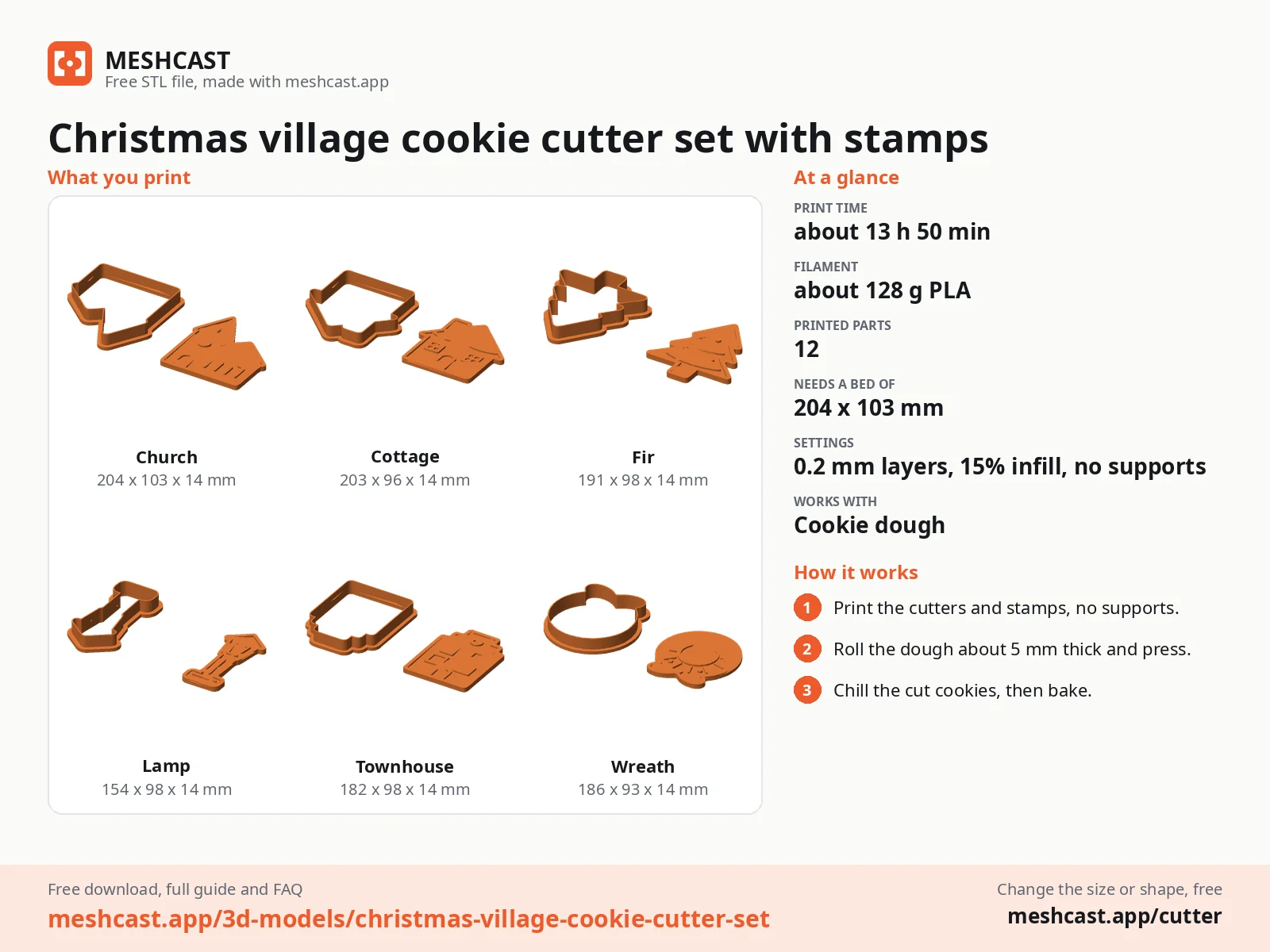 Christmas village cookie cutter set with stamps at a glance: every printed part with its size, print time, filament, print settings and the three steps to use it