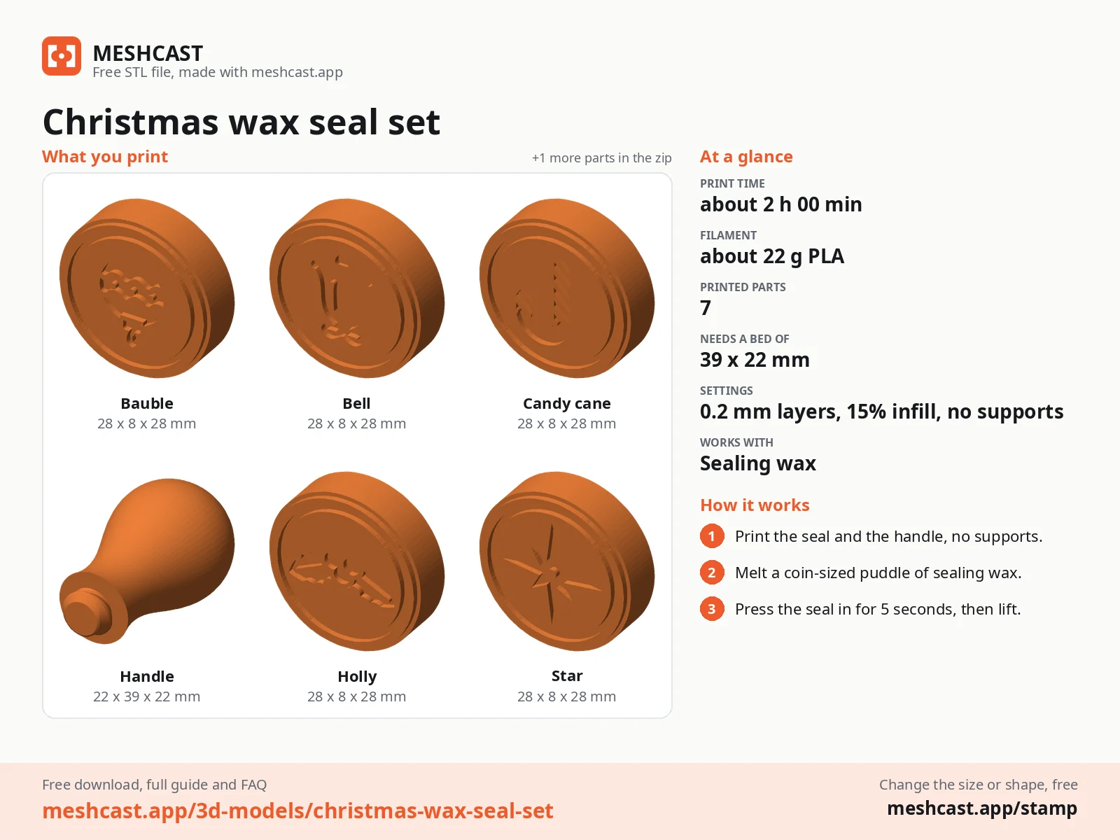 Christmas wax seal set at a glance: every printed part with its size, print time, filament, print settings and the three steps to use it