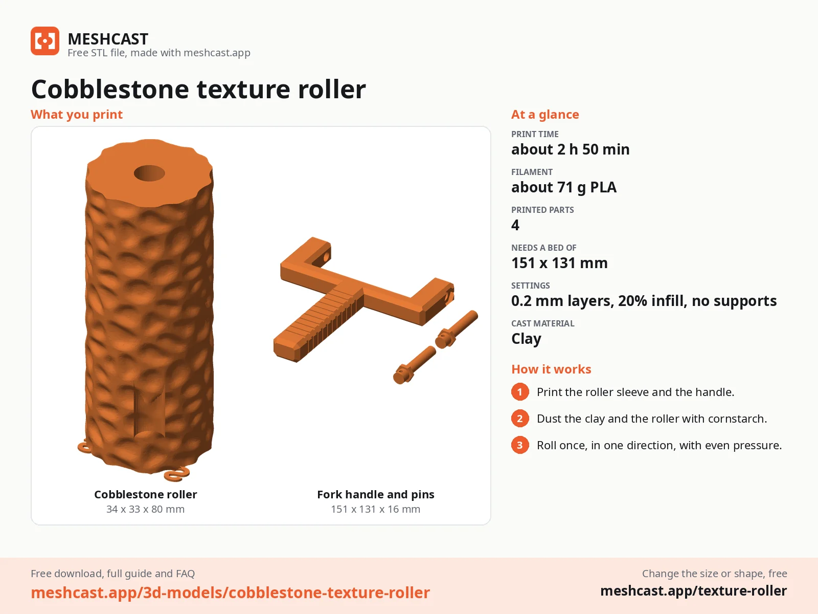 Cobblestone texture roller at a glance: every printed part with its size, print time, filament, print settings and the three steps to use it