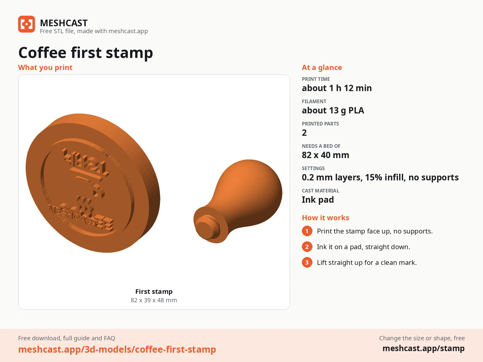Coffee first stamp at a glance: every printed part with its size, print time, filament, print settings and the three steps to use it