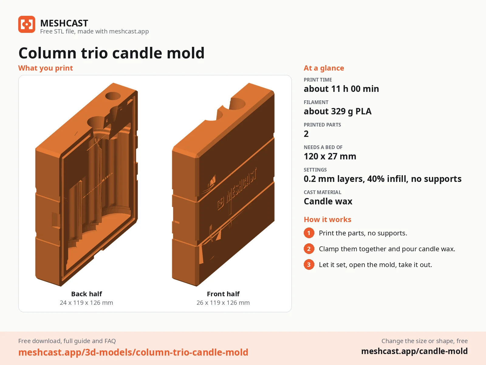 Column trio candle mold at a glance: every printed part with its size, print time, filament, print settings and the three steps to use it