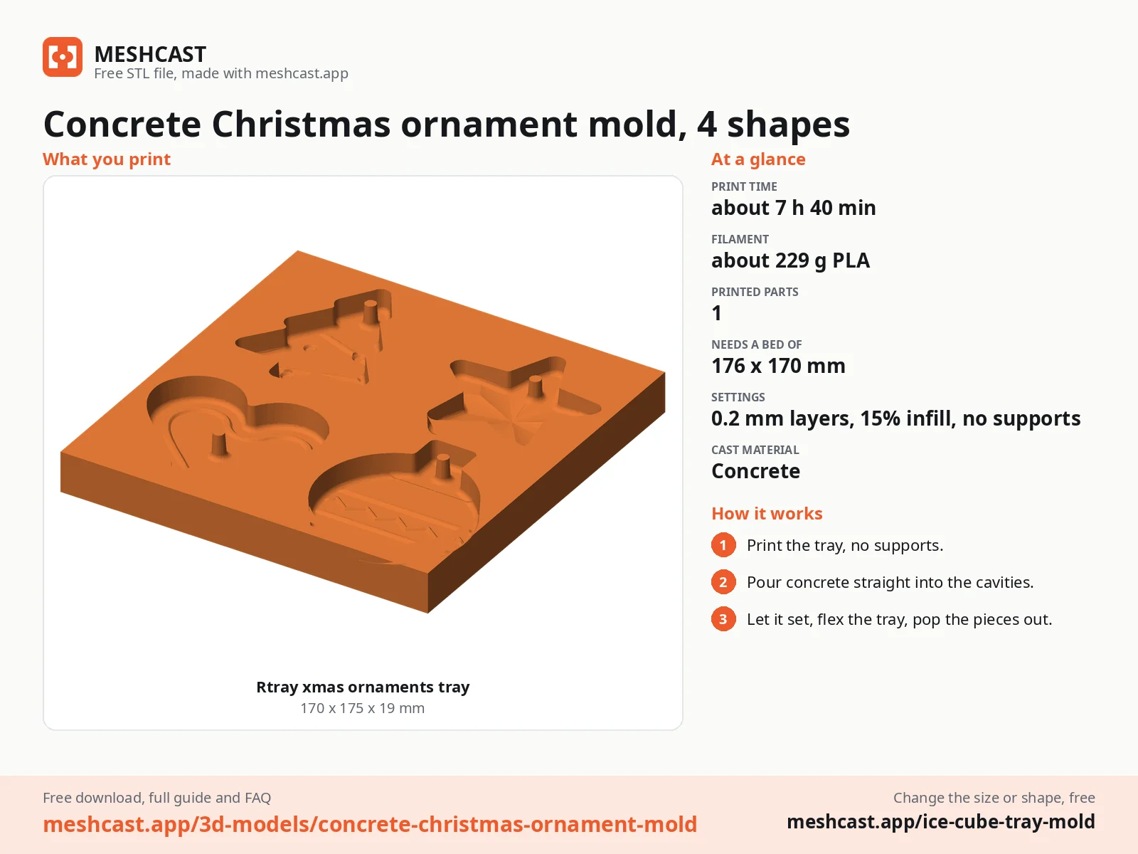 Concrete Christmas ornament mold, 4 shapes at a glance: every printed part with its size, print time, filament, print settings and the three steps to use it