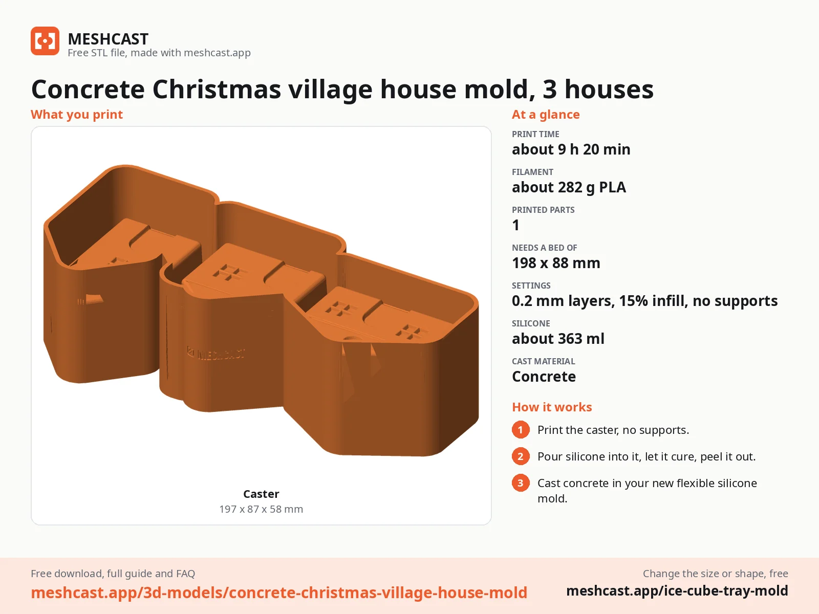 Concrete Christmas village house mold, 3 houses at a glance: every printed part with its size, print time, filament, print settings and the three steps to use it