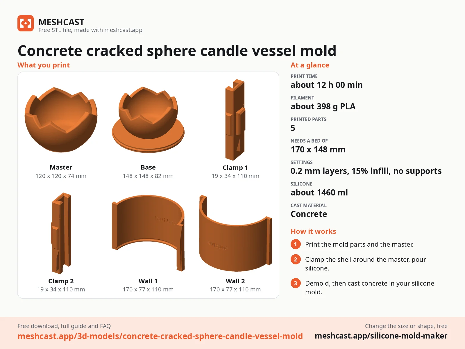 Concrete cracked sphere candle vessel mold at a glance: every printed part with its size, print time, filament, print settings and the three steps to use it