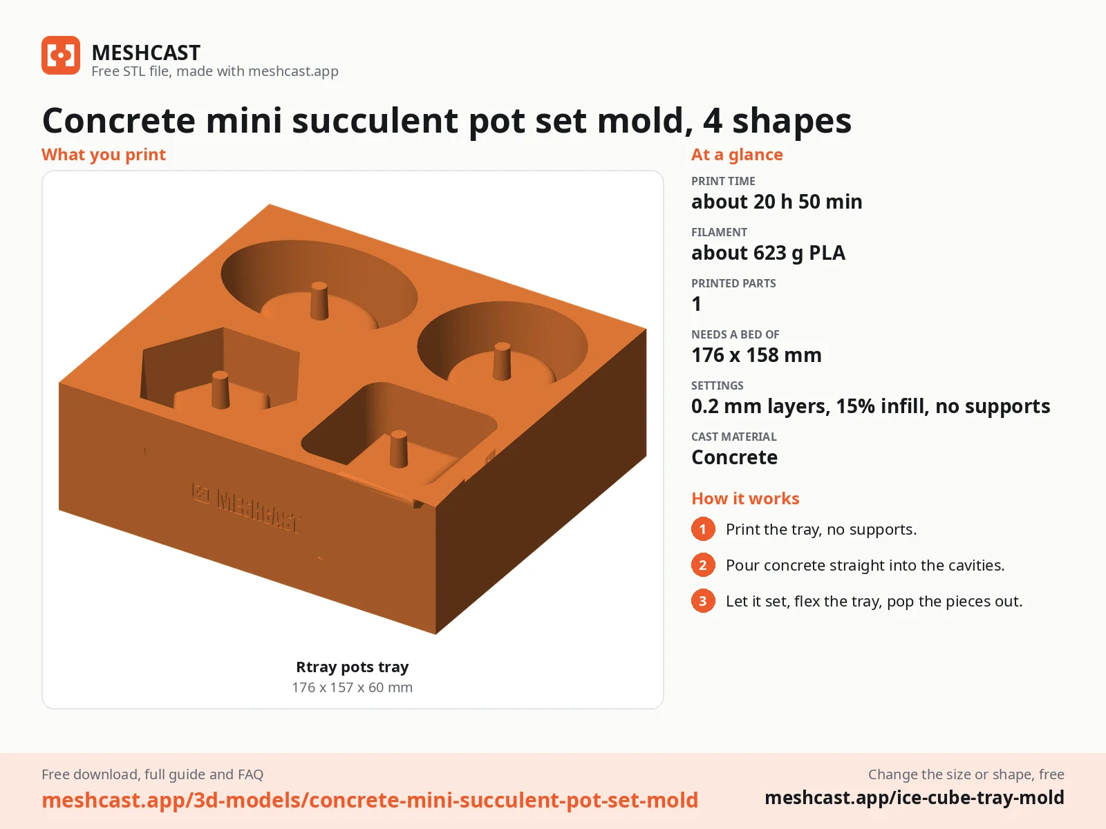 Concrete mini succulent pot set mold, 4 shapes at a glance: every printed part with its size, print time, filament, print settings and the three steps to use it